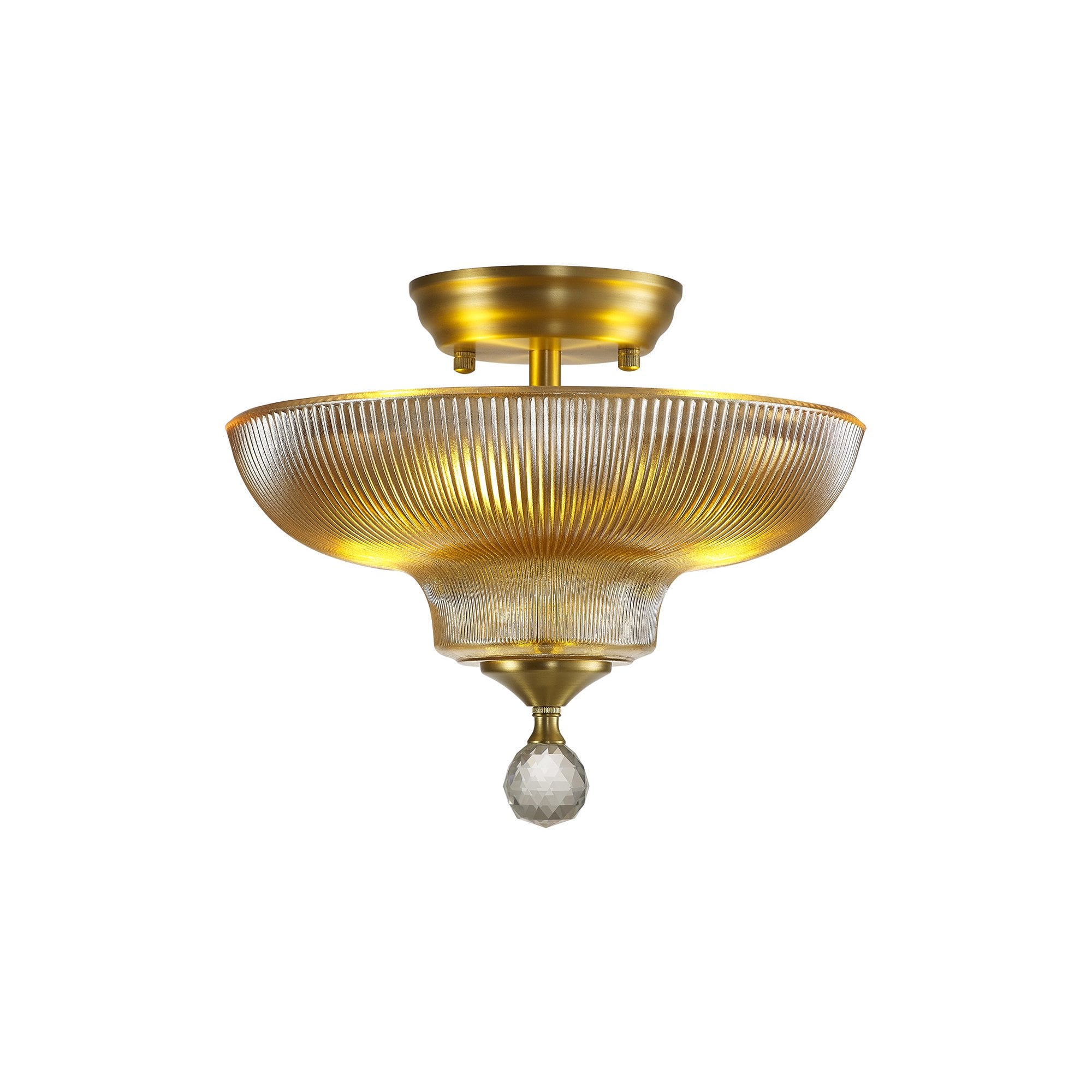 Fabula Mansfield 2 Light Semi-Flush Light - 30cm Round Glass Shade - Satin Gold & Amber Glass