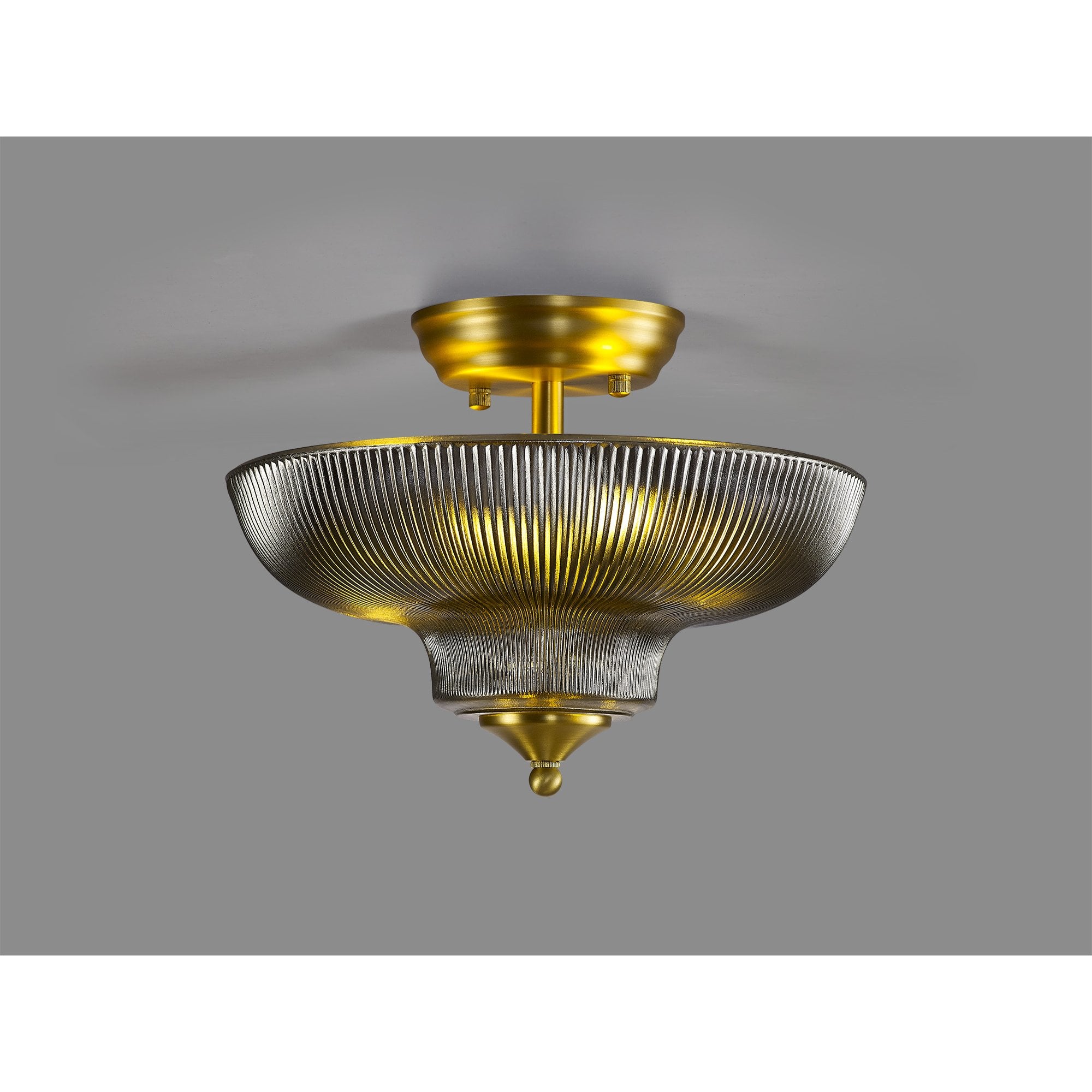 Fabula Mansfield 2 Light Semi-Flush Light - 30cm Round Glass Shade - Satin Gold & Smoked Glass