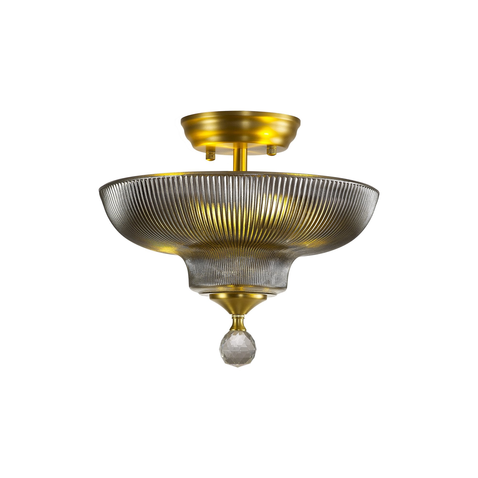 Fabula Mansfield 2 Light Semi-Flush Light - 30cm Round Glass Shade - Satin Gold & Smoked Glass