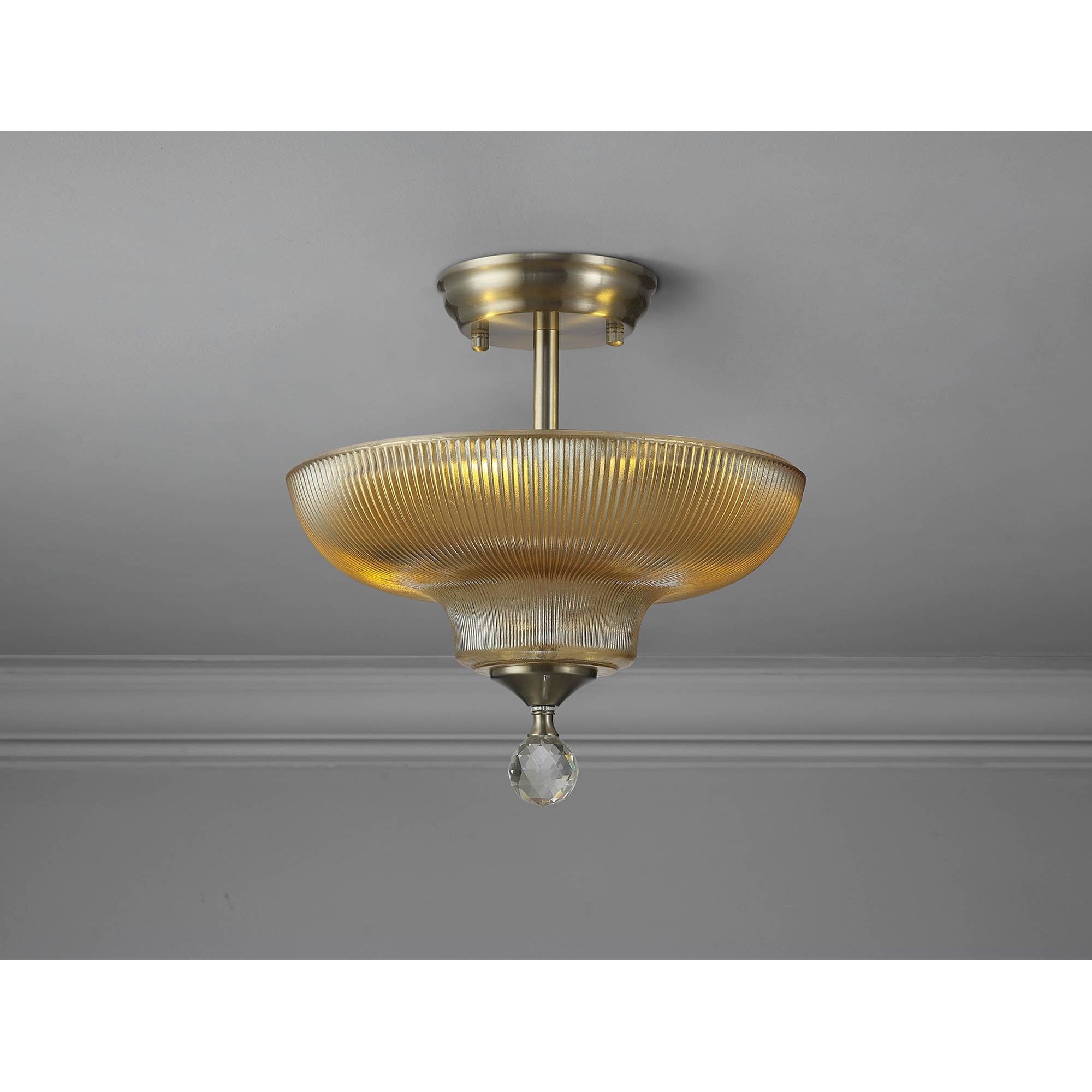 Fabula Mansfield 2 Light Semi-Flush Light - 30cm Round Glass Shade - Satin Nickel & Amber Glass