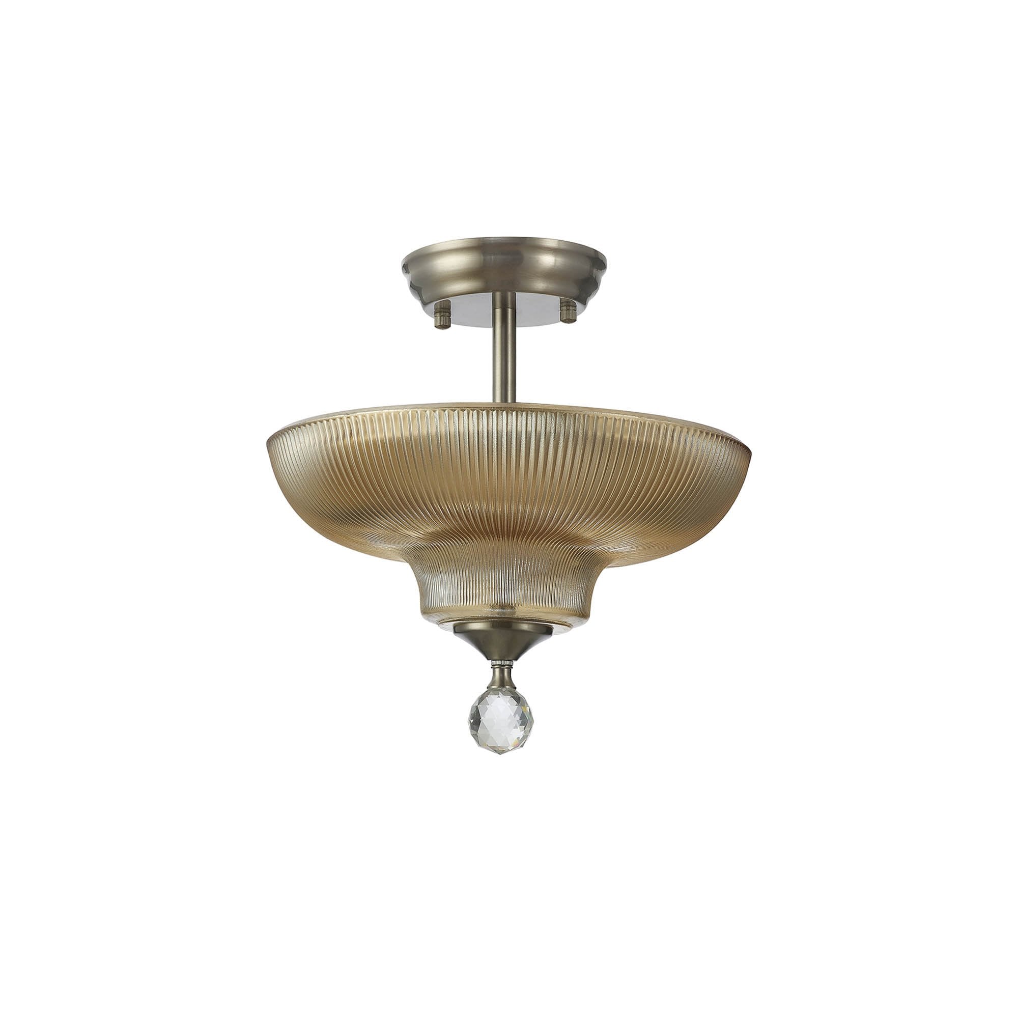 Fabula Mansfield 2 Light Semi-Flush Light - 30cm Round Glass Shade - Satin Nickel & Amber Glass