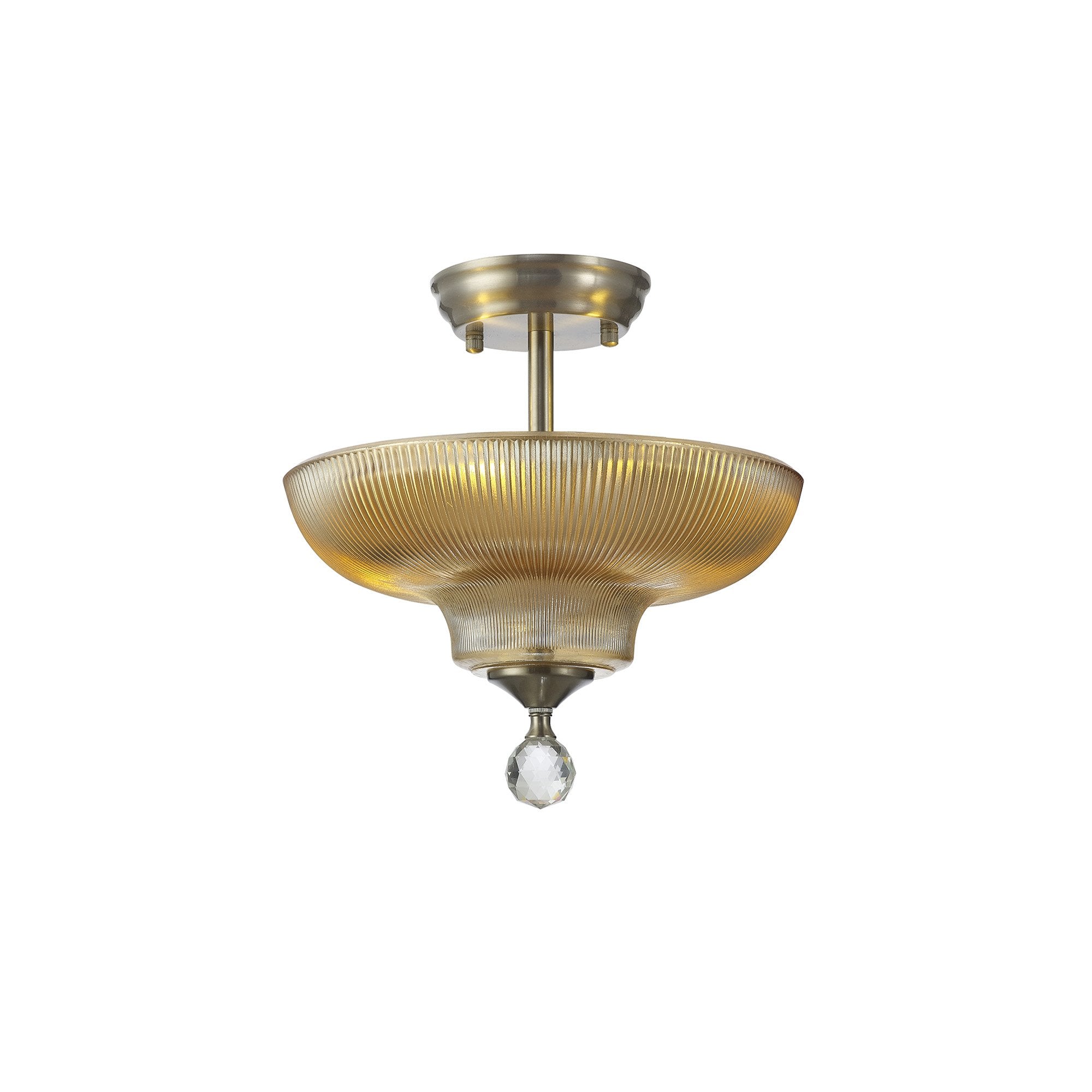 Fabula Mansfield 2 Light Semi-Flush Light - 30cm Round Glass Shade - Satin Nickel & Amber Glass