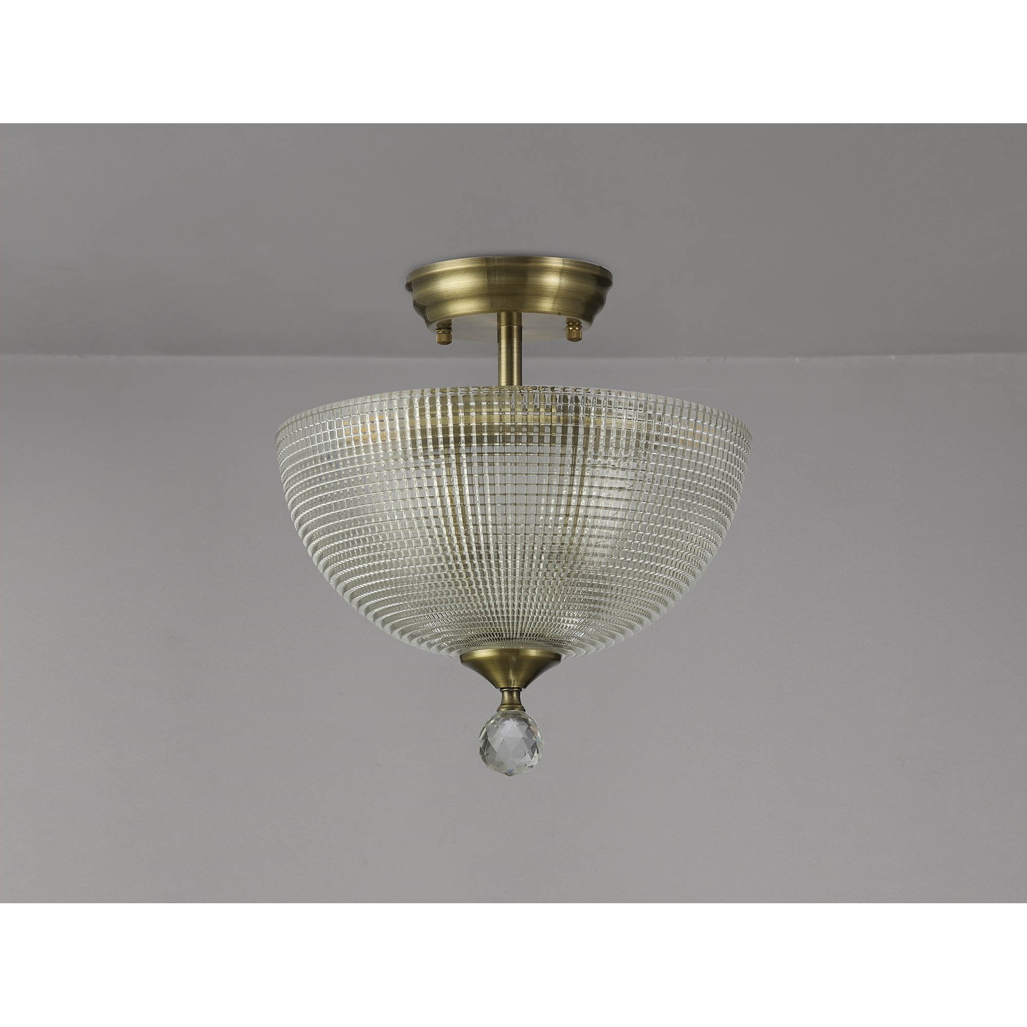 Fabula Mansfield 2 Light Semi-Flush Light - 30cm Round Prismatic Effect Glass Shade - Antique Brass & Clear Glass