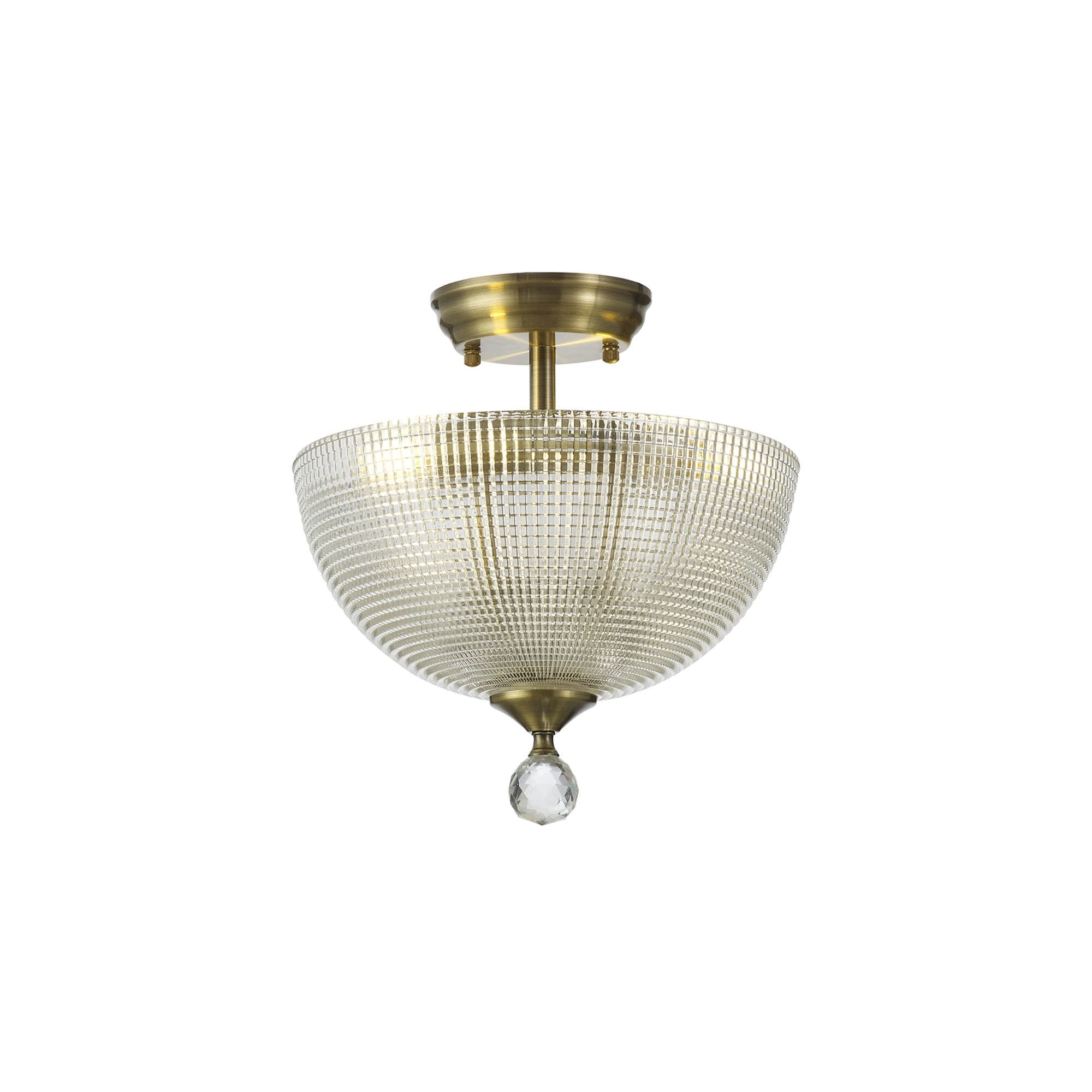 Fabula Mansfield 2 Light Semi-Flush Light - 30cm Round Prismatic Effect Glass Shade - Antique Brass & Clear Glass