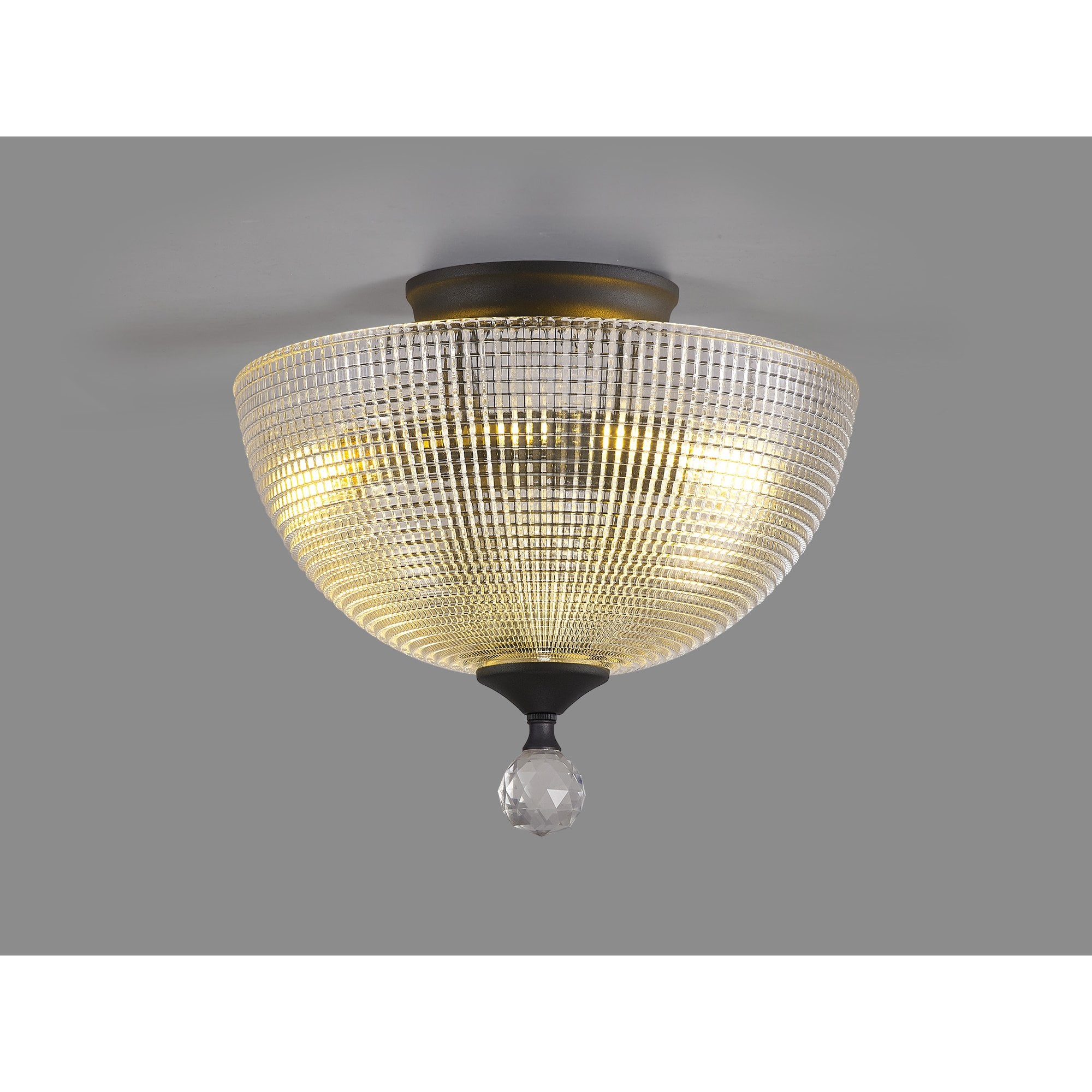 Fabula Mansfield 2 Light Semi-Flush Light - 30cm Round Prismatic Effect Glass Shade - Graphite & Clear Glass