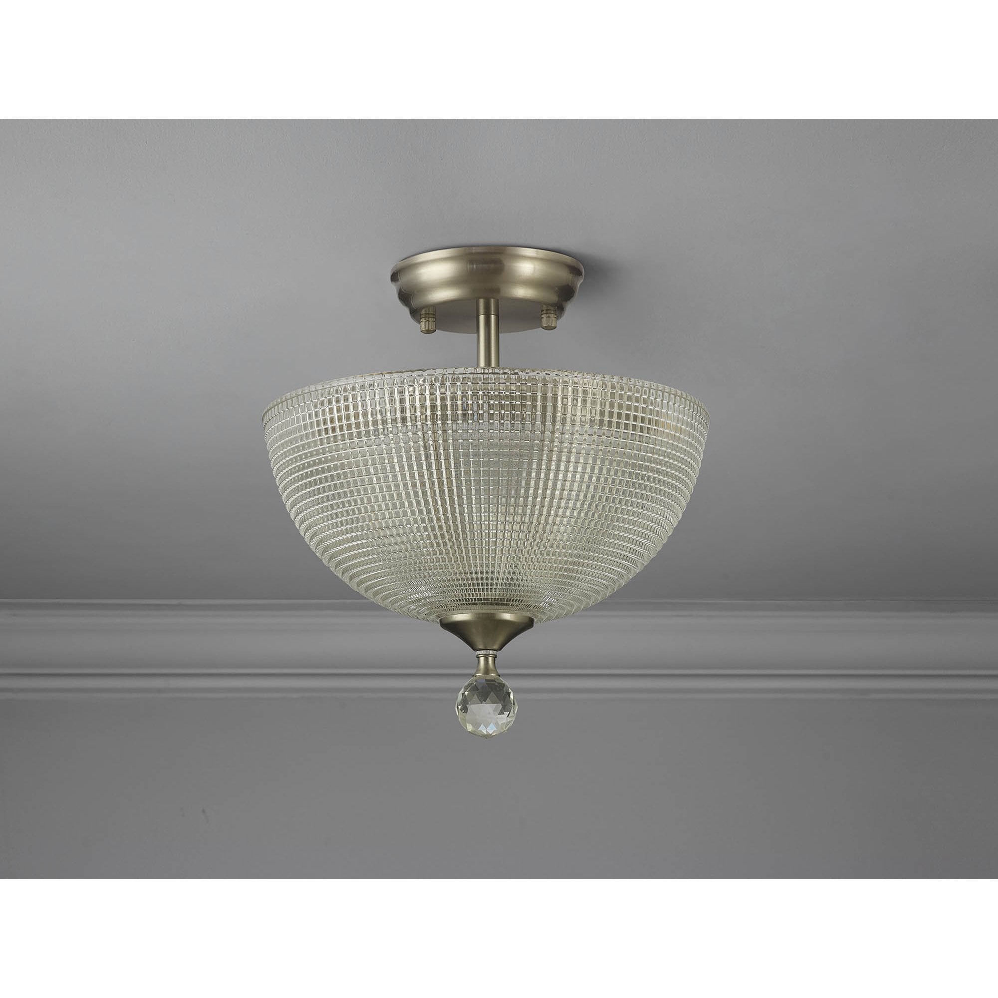 Fabula Mansfield 2 Light Semi-Flush Light - 30cm Round Prismatic Effect Glass Shade - Satin Nickel & Clear Glass
