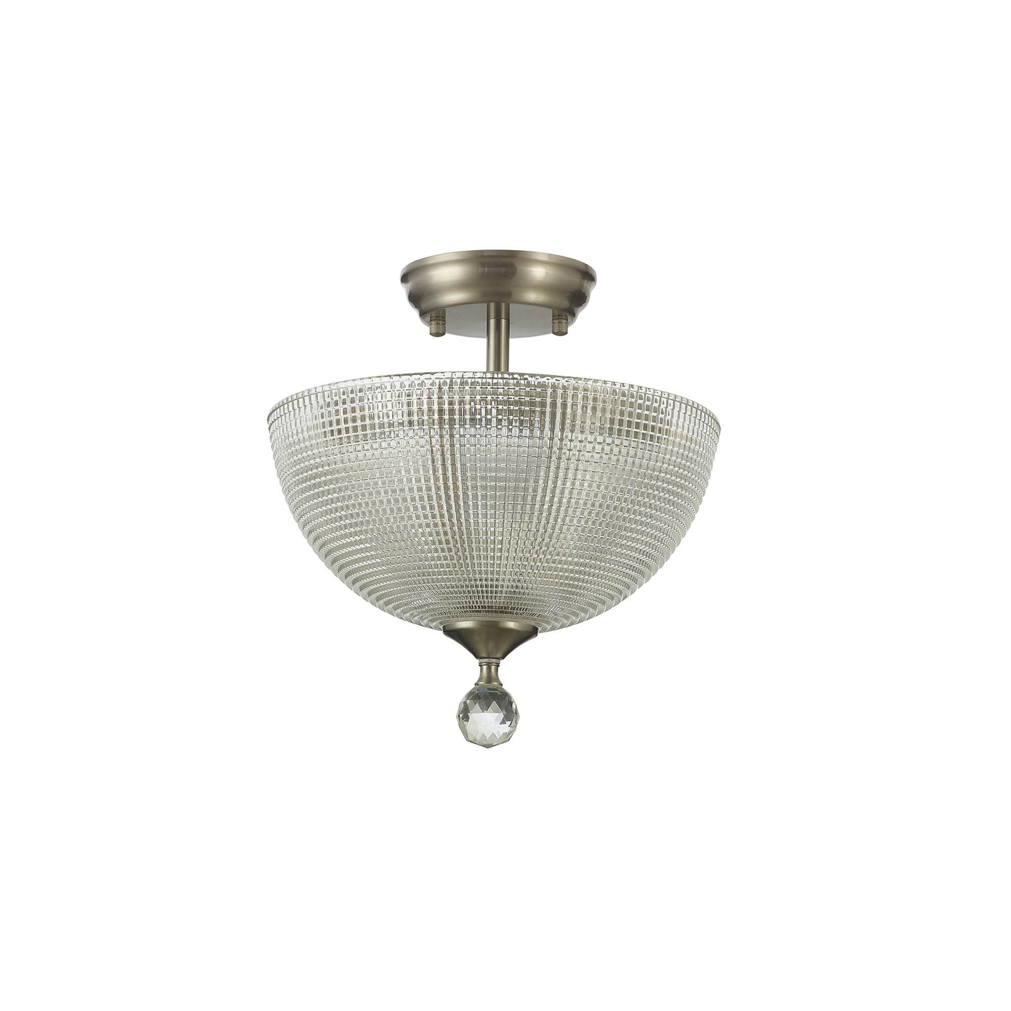 Fabula Mansfield 2 Light Semi-Flush Light - 30cm Round Prismatic Effect Glass Shade - Satin Nickel & Clear Glass