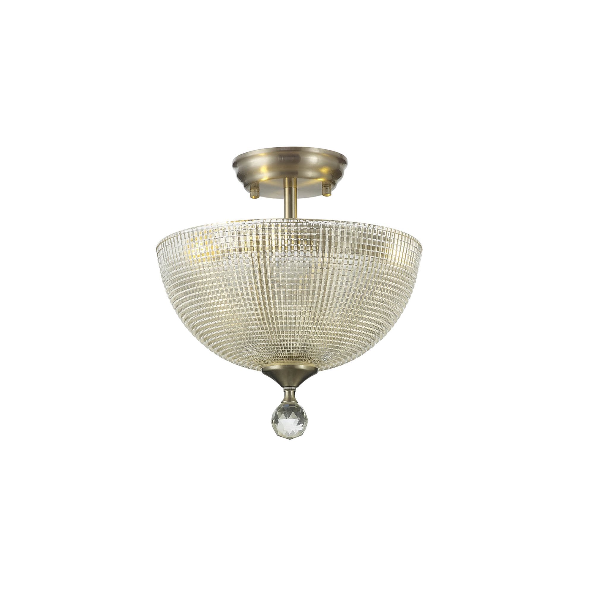 Fabula Mansfield 2 Light Semi-Flush Light - 30cm Round Prismatic Effect Glass Shade - Satin Nickel & Clear Glass