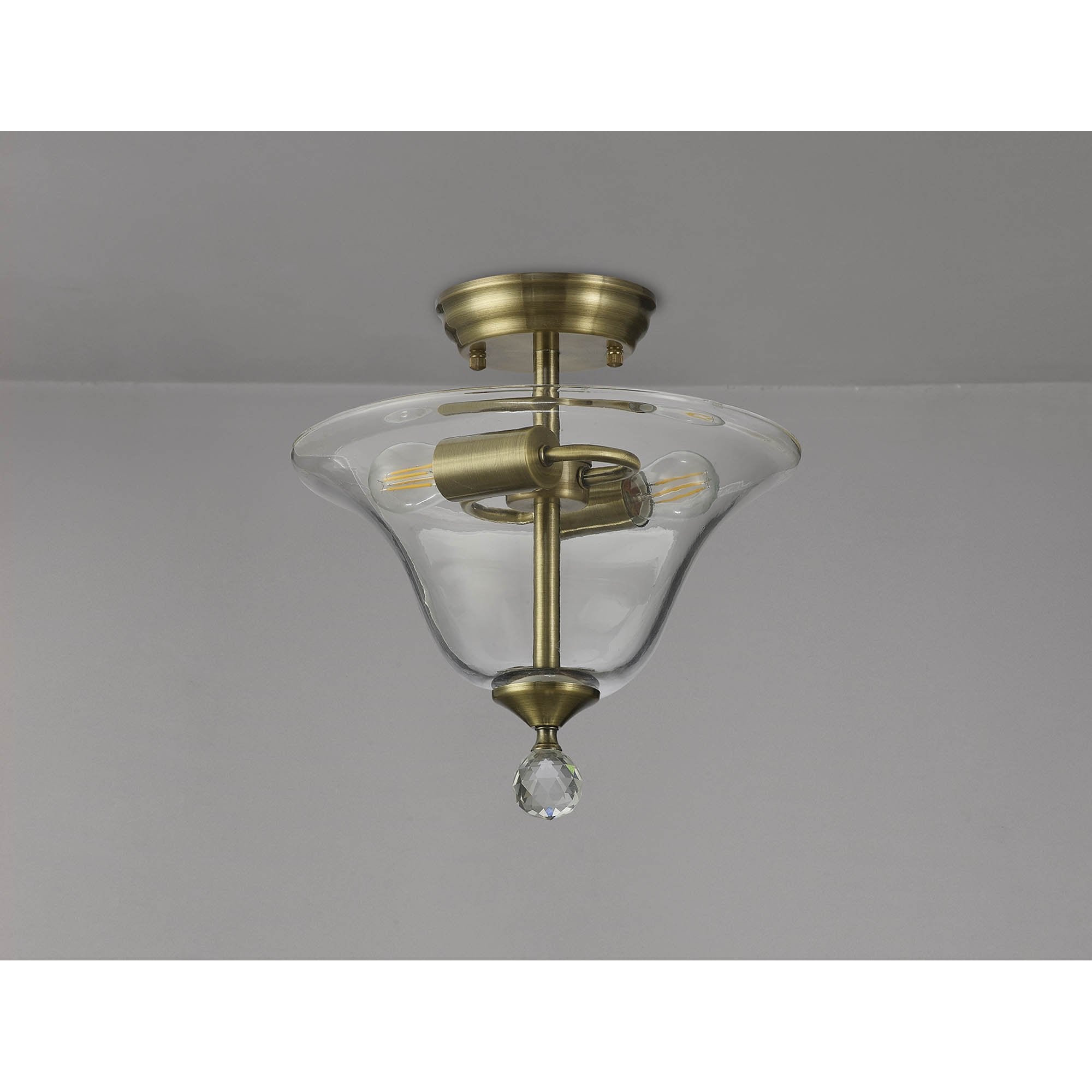 Fabula Mansfield 2 Light Semi-Flush Light - 30cm Smooth Bell Glass Shade - Antique Brass & Clear Glass