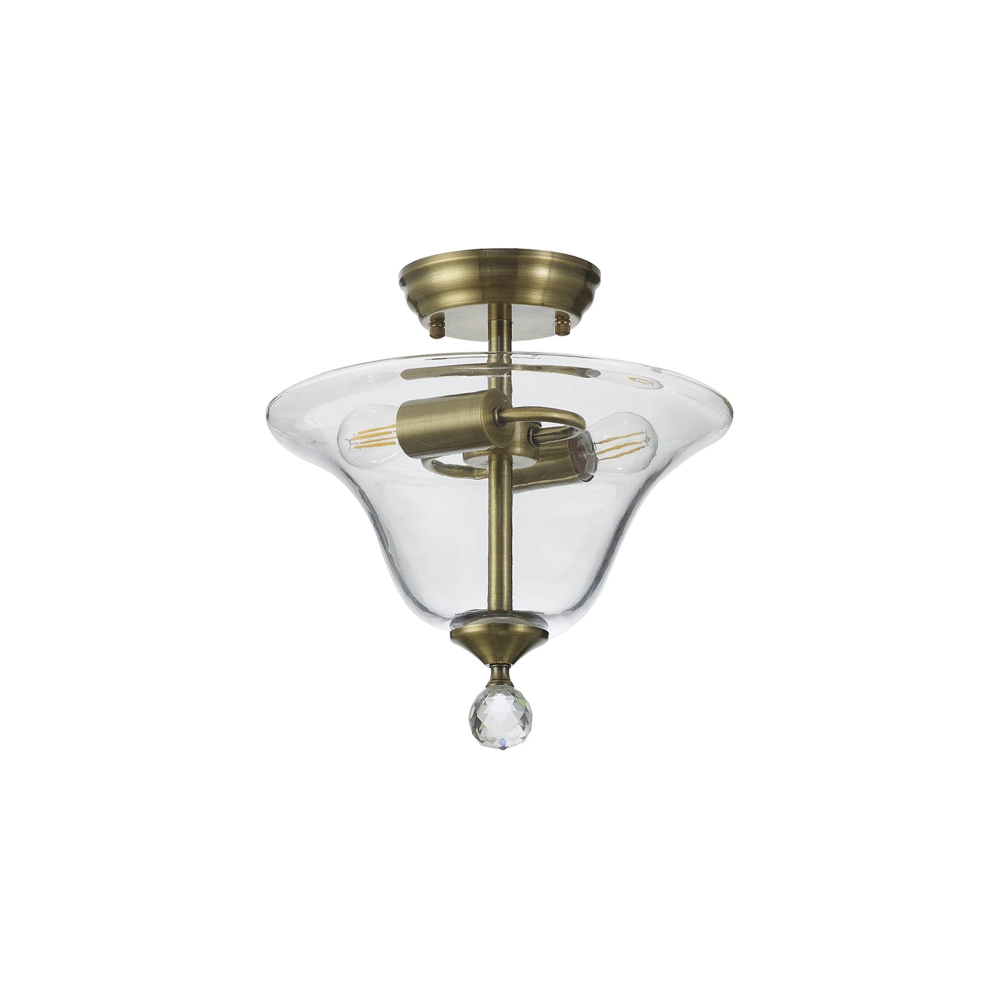 Fabula Mansfield 2 Light Semi-Flush Light - 30cm Smooth Bell Glass Shade - Antique Brass & Clear Glass