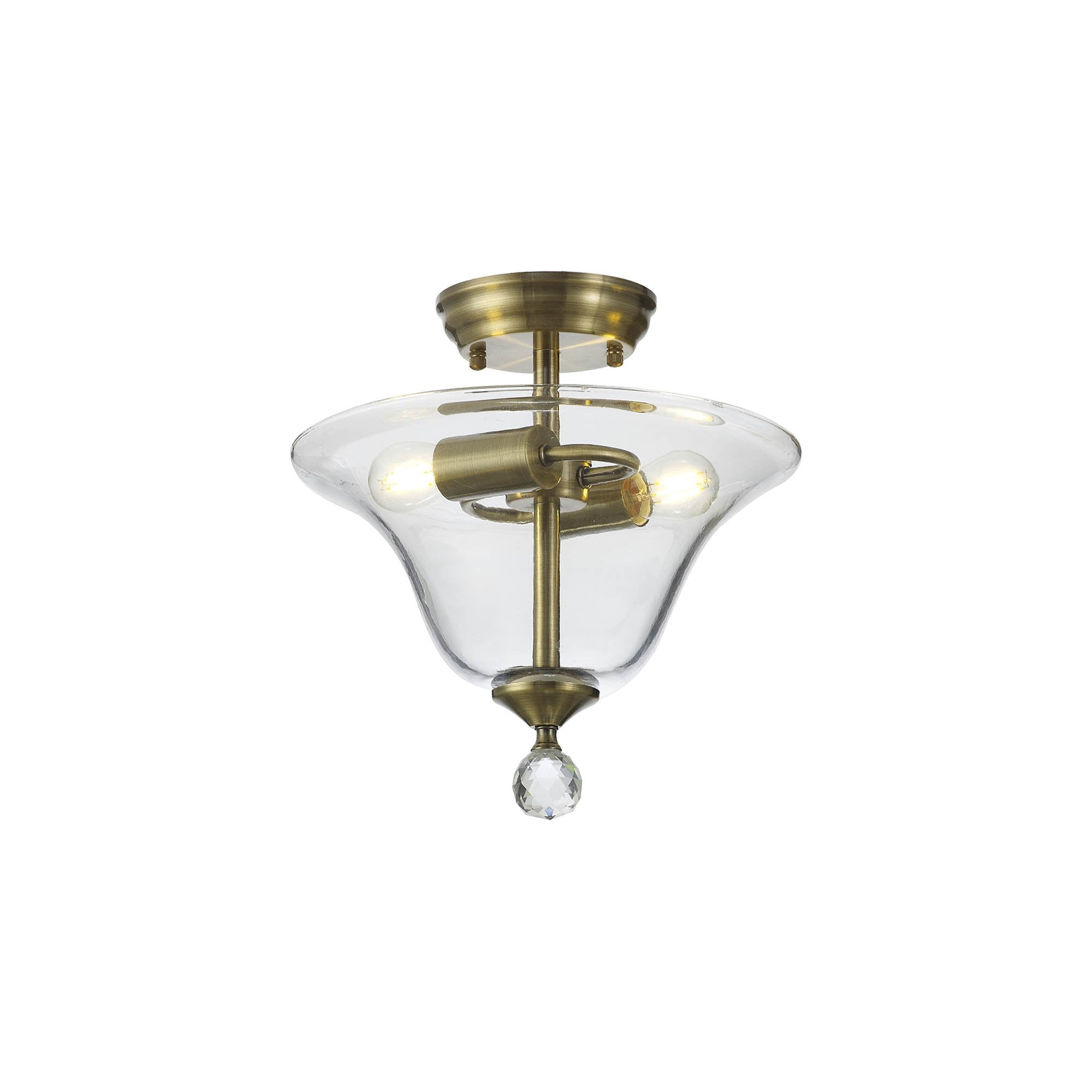 Fabula Mansfield 2 Light Semi-Flush Light - 30cm Smooth Bell Glass Shade - Antique Brass & Clear Glass