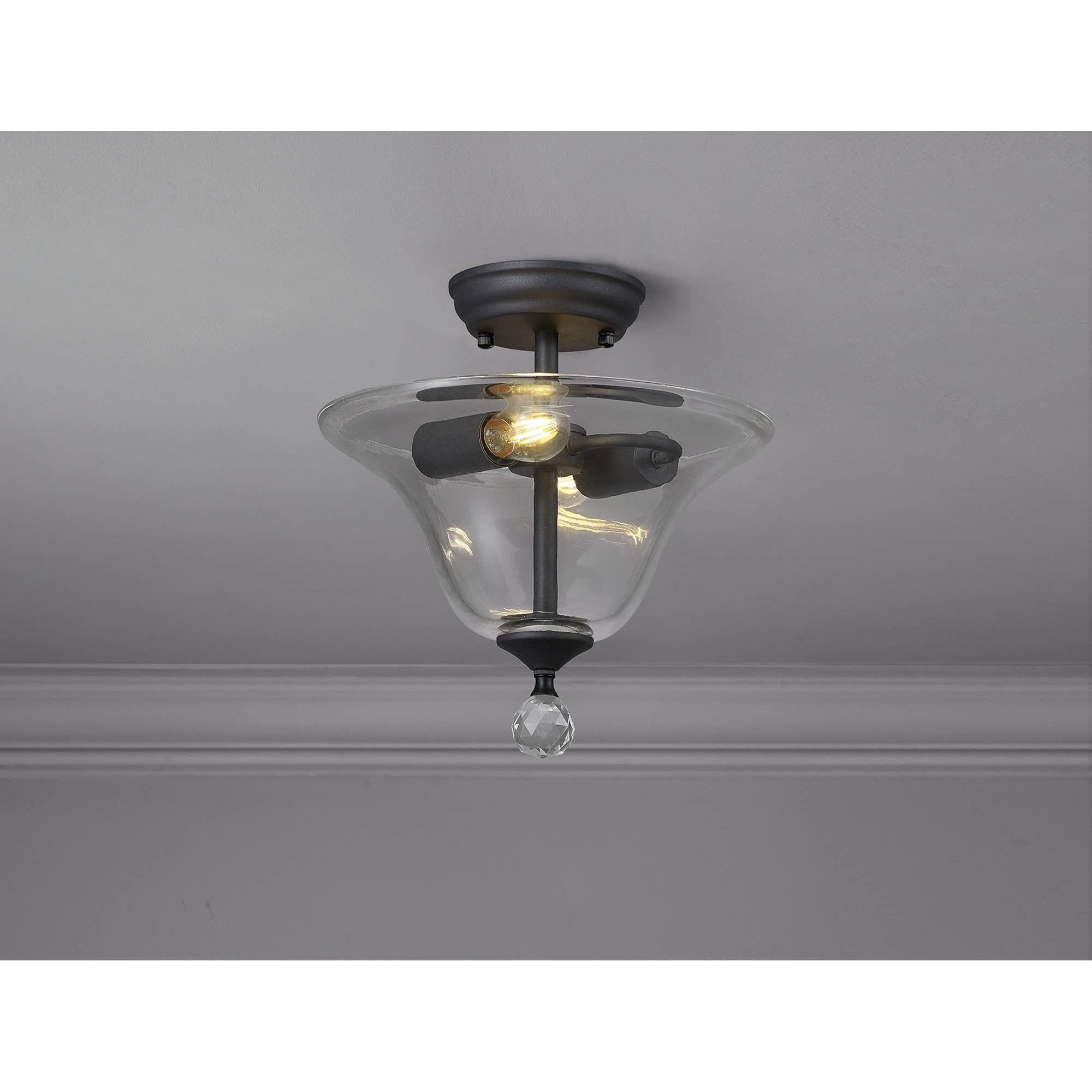 Fabula Mansfield 2 Light Semi-Flush Light - 30cm Smooth Bell Glass Shade - Graphite & Clear Glass