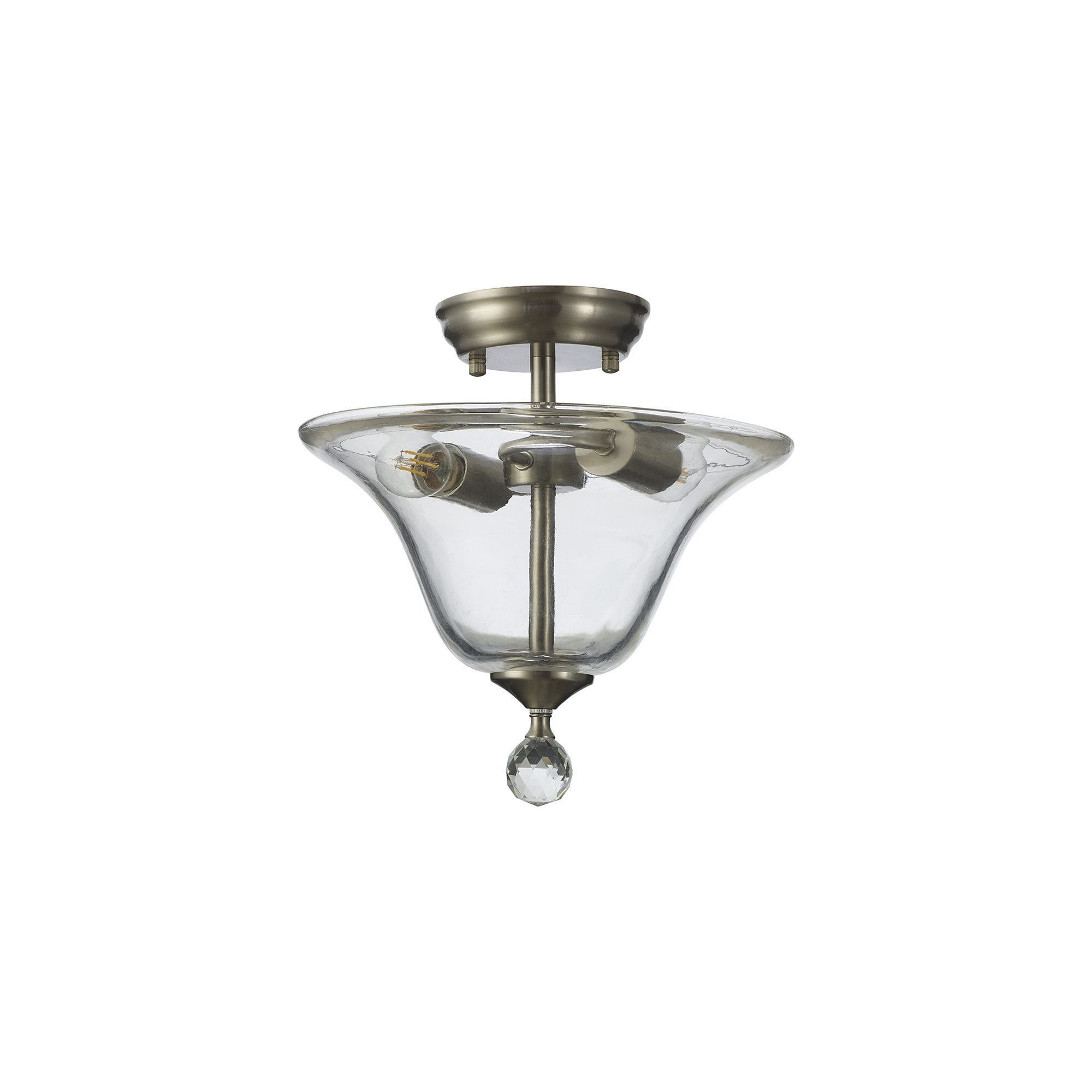 Fabula Mansfield 2 Light Semi-Flush Light - 30cm Smooth Bell Glass Shade - Satin Nickel & Clear Glass
