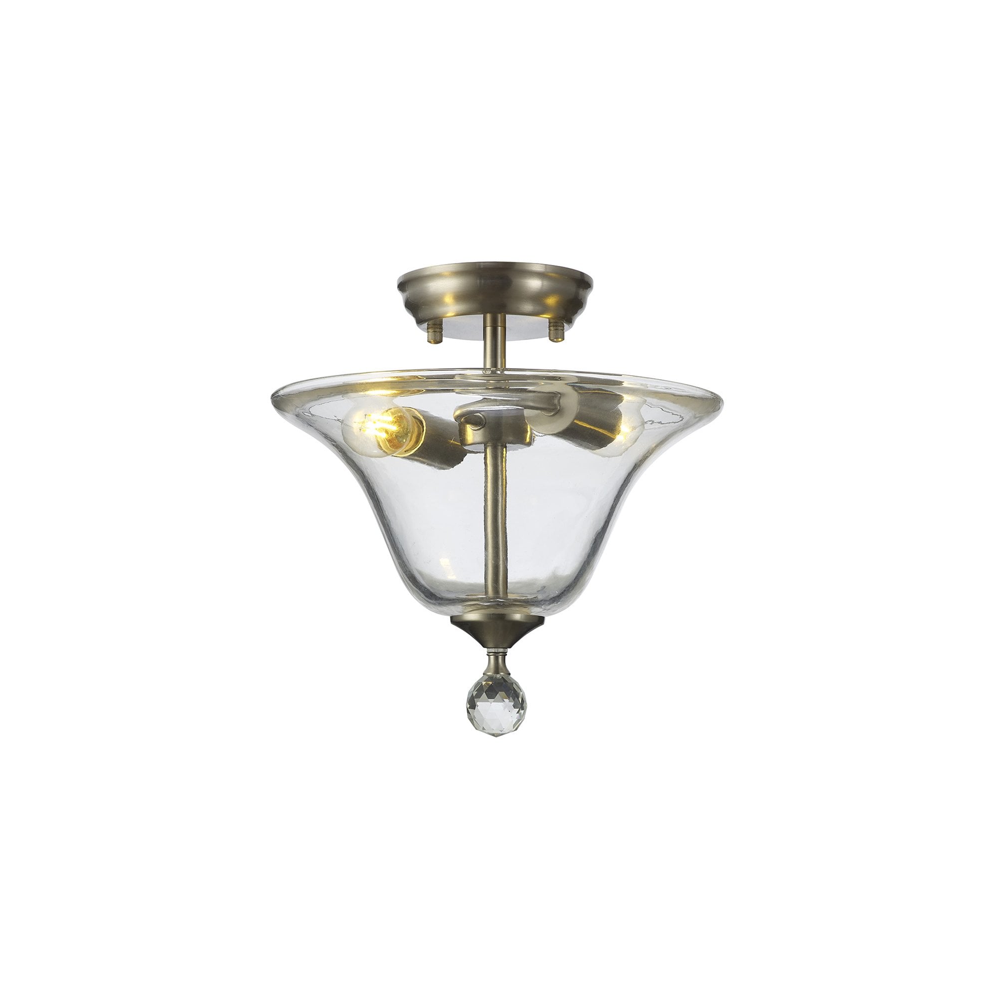 Fabula Mansfield 2 Light Semi-Flush Light - 30cm Smooth Bell Glass Shade - Satin Nickel & Clear Glass