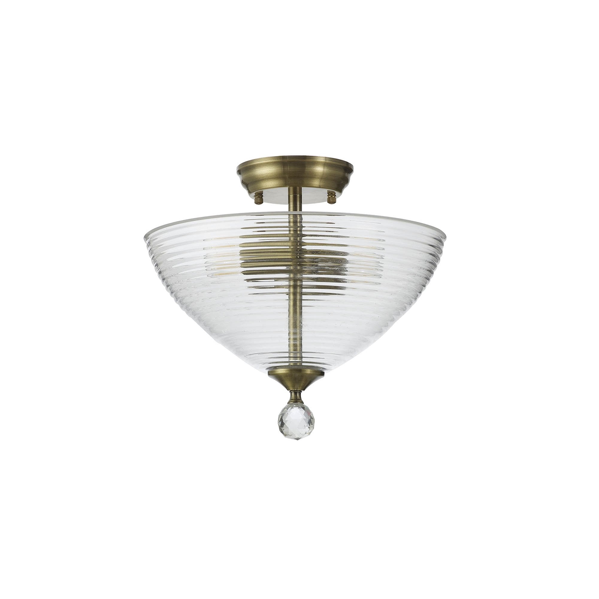 Fabula Mansfield 2 Light Semi-Flush Light - 33.5cm Round Prismatic Effect Glass Shade - Antique Brass & Clear Glass