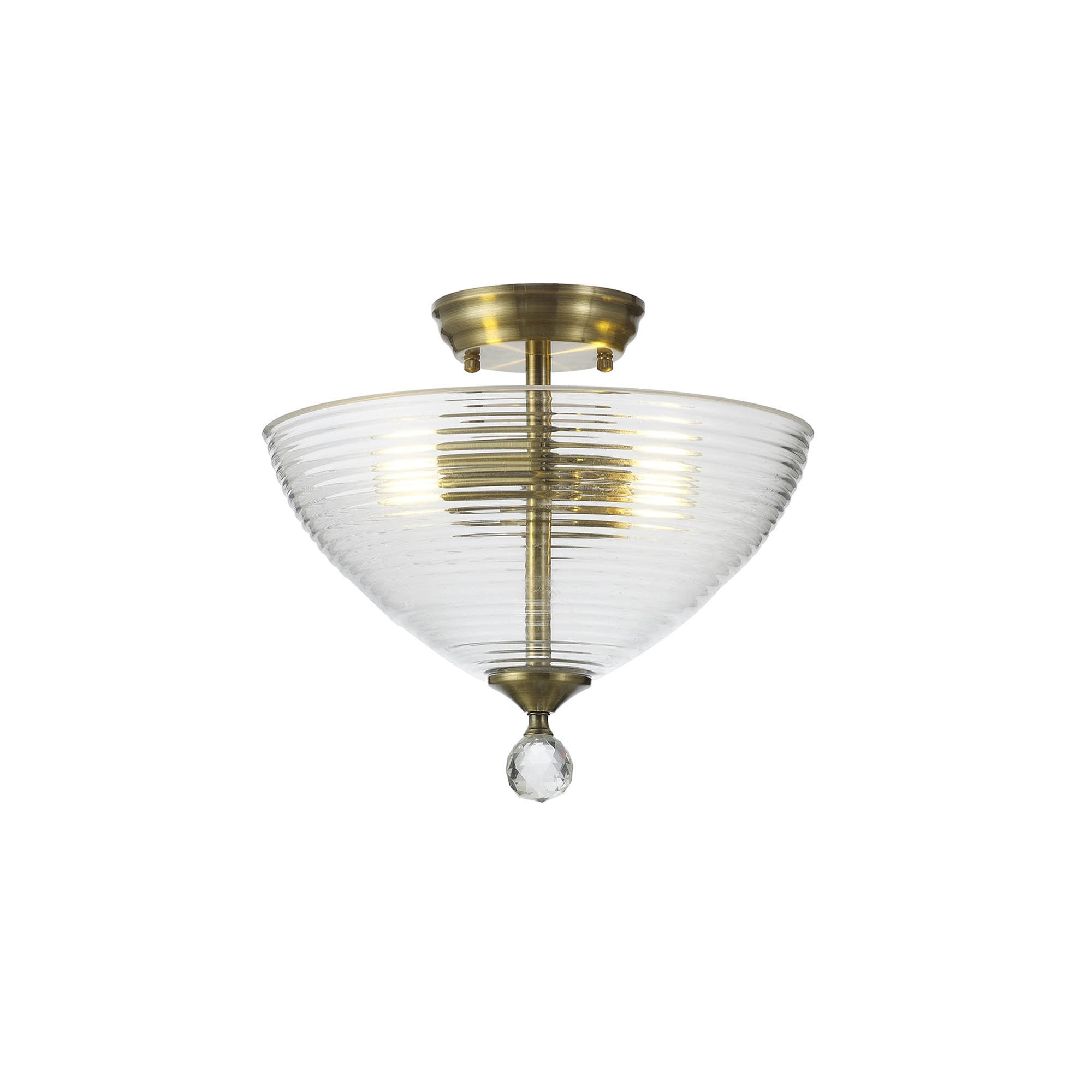 Fabula Mansfield 2 Light Semi-Flush Light - 33.5cm Round Prismatic Effect Glass Shade - Antique Brass & Clear Glass