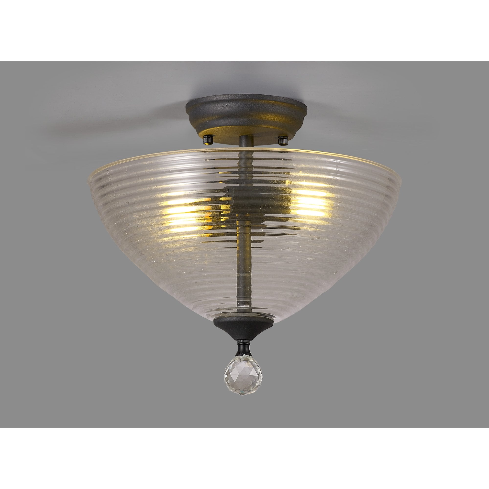 Fabula Mansfield 2 Light Semi-Flush Light - 33.5cm Round Prismatic Effect Glass Shade - Graphite & Clear Glass