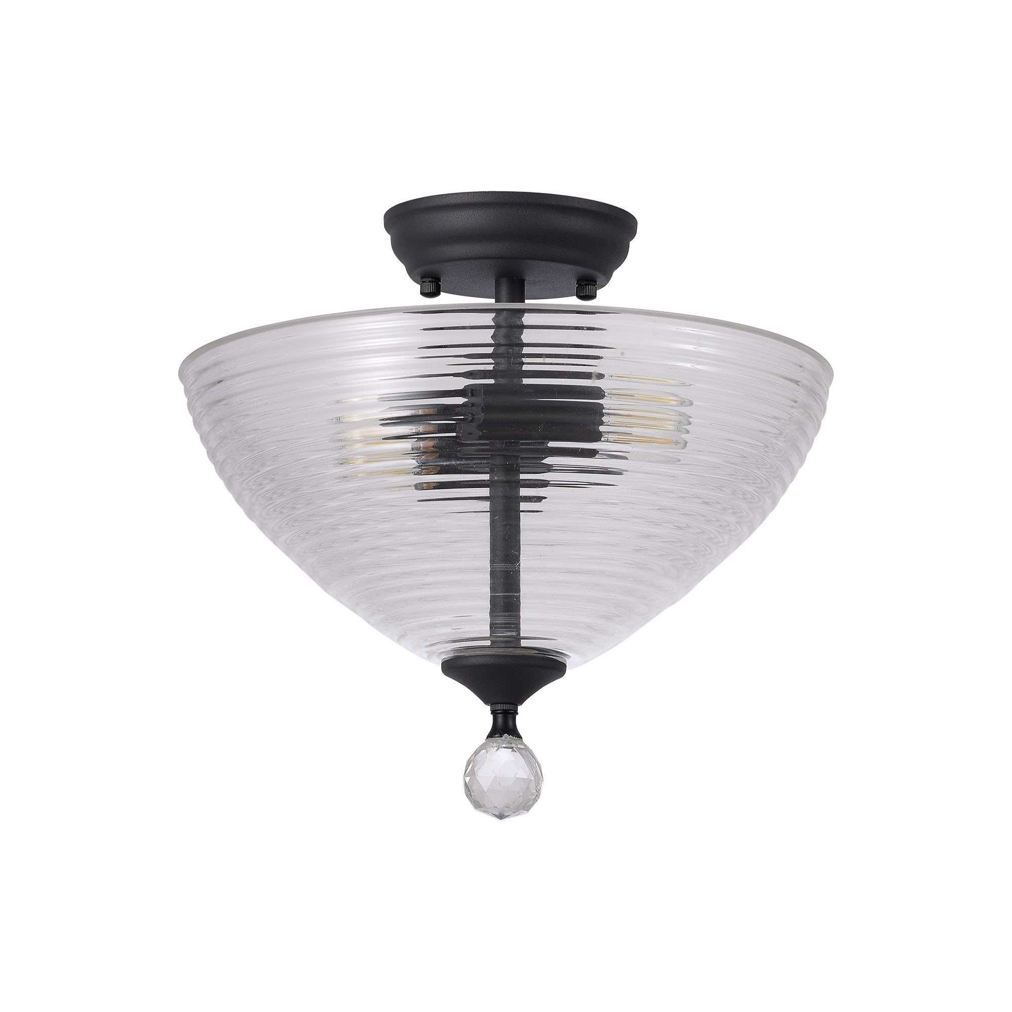 Fabula Mansfield 2 Light Semi-Flush Light - 33.5cm Round Prismatic Effect Glass Shade - Graphite & Clear Glass