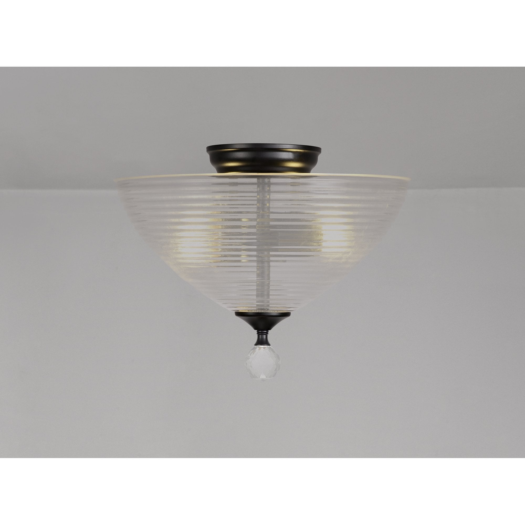 Fabula Mansfield 2 Light Semi-Flush Light - 33.5cm Round Prismatic Effect Glass Shade - Matt Black & Clear Glass