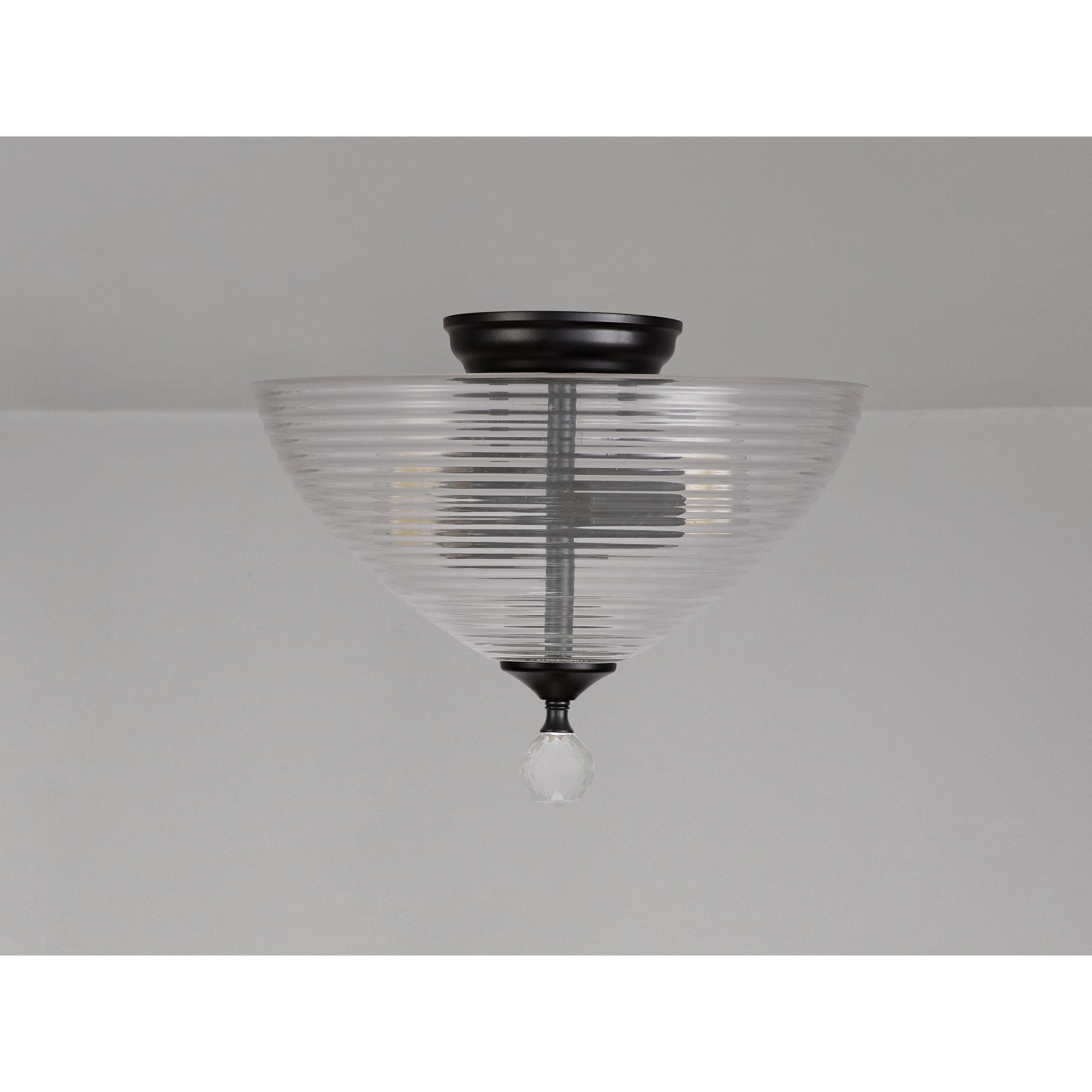 Fabula Mansfield 2 Light Semi-Flush Light - 33.5cm Round Prismatic Effect Glass Shade - Matt Black & Clear Glass