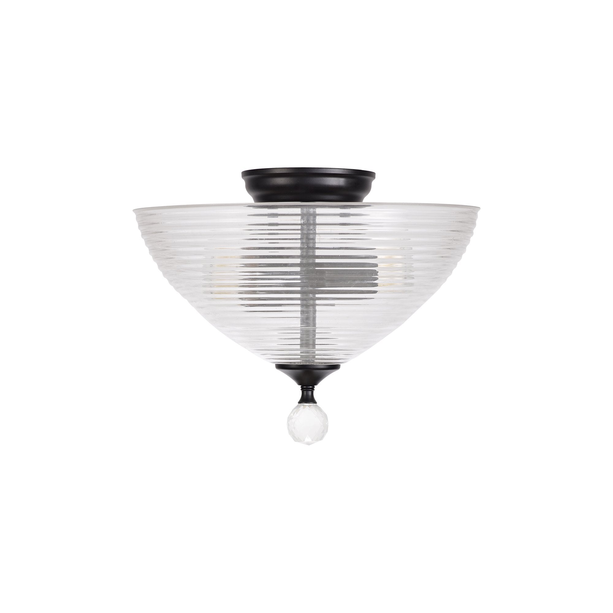 Fabula Mansfield 2 Light Semi-Flush Light - 33.5cm Round Prismatic Effect Glass Shade - Matt Black & Clear Glass
