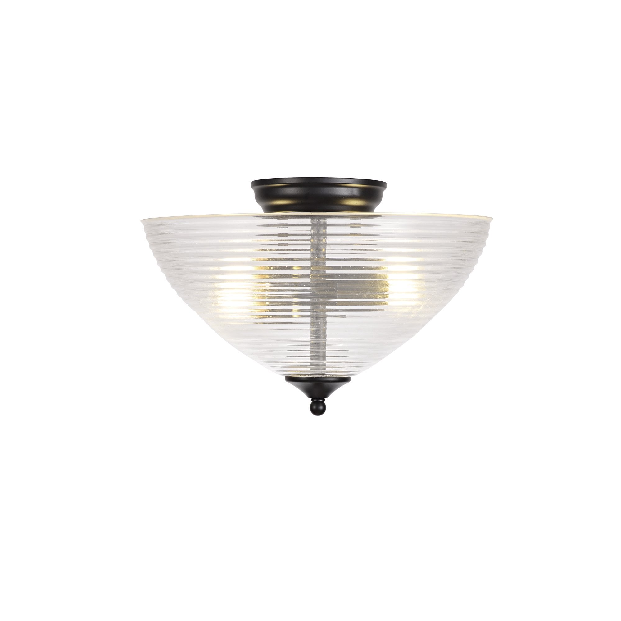 Fabula Mansfield 2 Light Semi-Flush Light - 33.5cm Round Prismatic Effect Glass Shade - Matt Black & Clear Glass