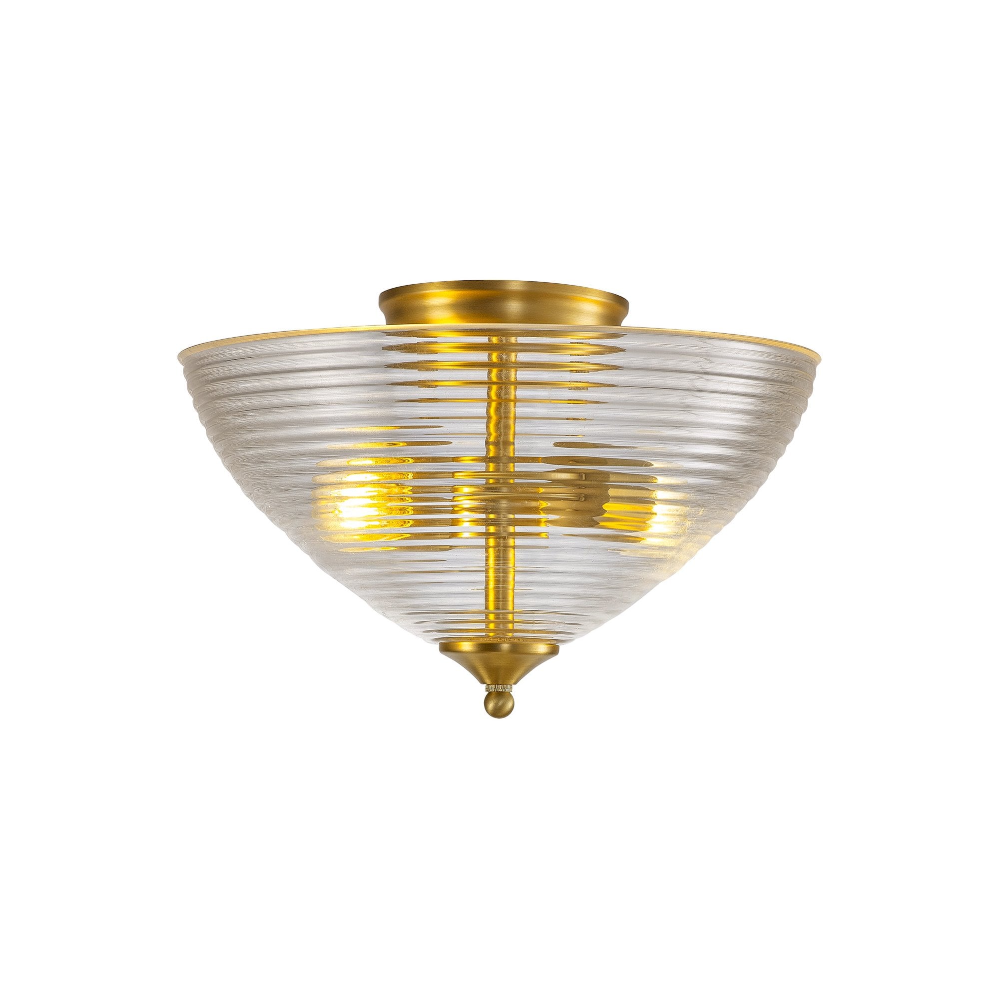 Fabula Mansfield 2 Light Semi-Flush Light - 33.5cm Round Prismatic Effect Glass Shade - Satin Gold & Clear Glass
