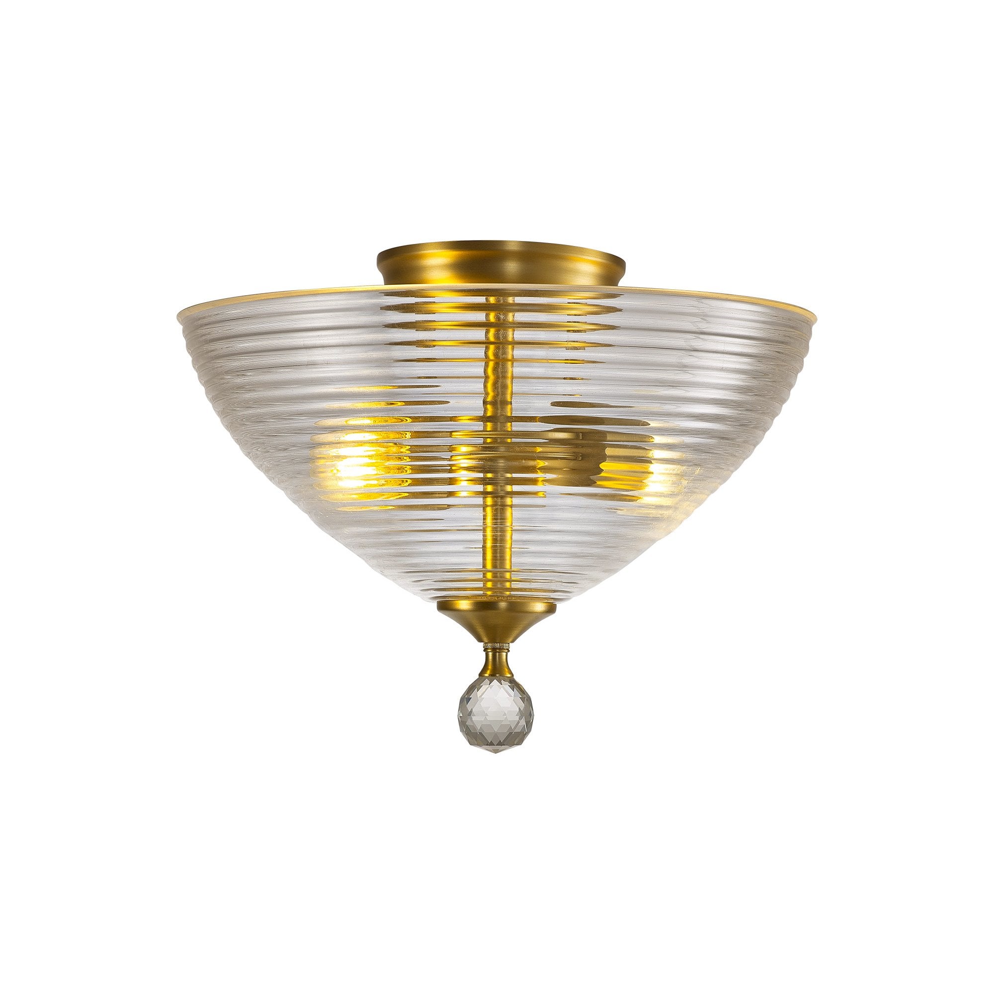 Fabula Mansfield 2 Light Semi-Flush Light - 33.5cm Round Prismatic Effect Glass Shade - Satin Gold & Clear Glass