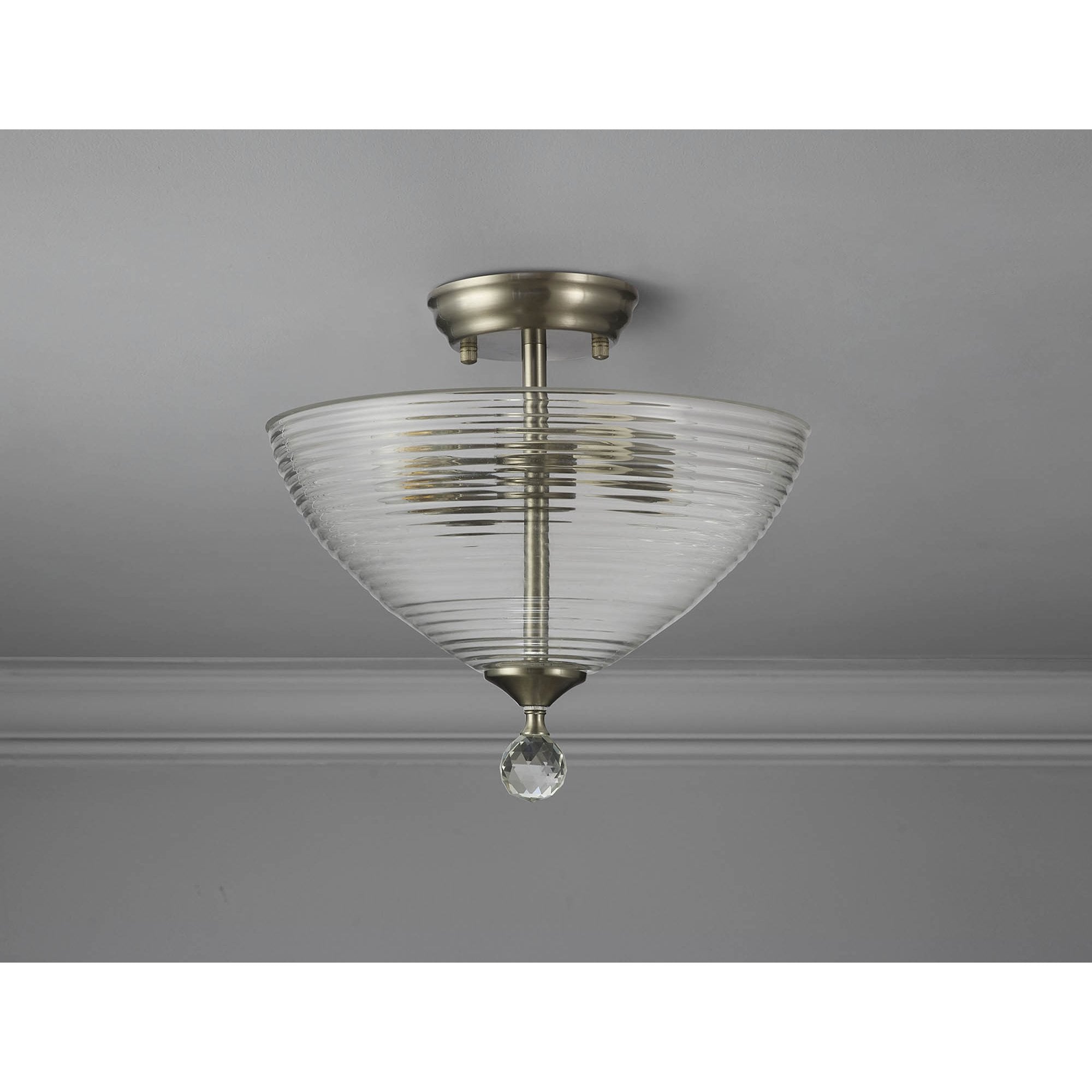 Fabula Mansfield 2 Light Semi-Flush Light - 33.5cm Round Prismatic Effect Glass Shade - Satin Nickel & Clear Glass