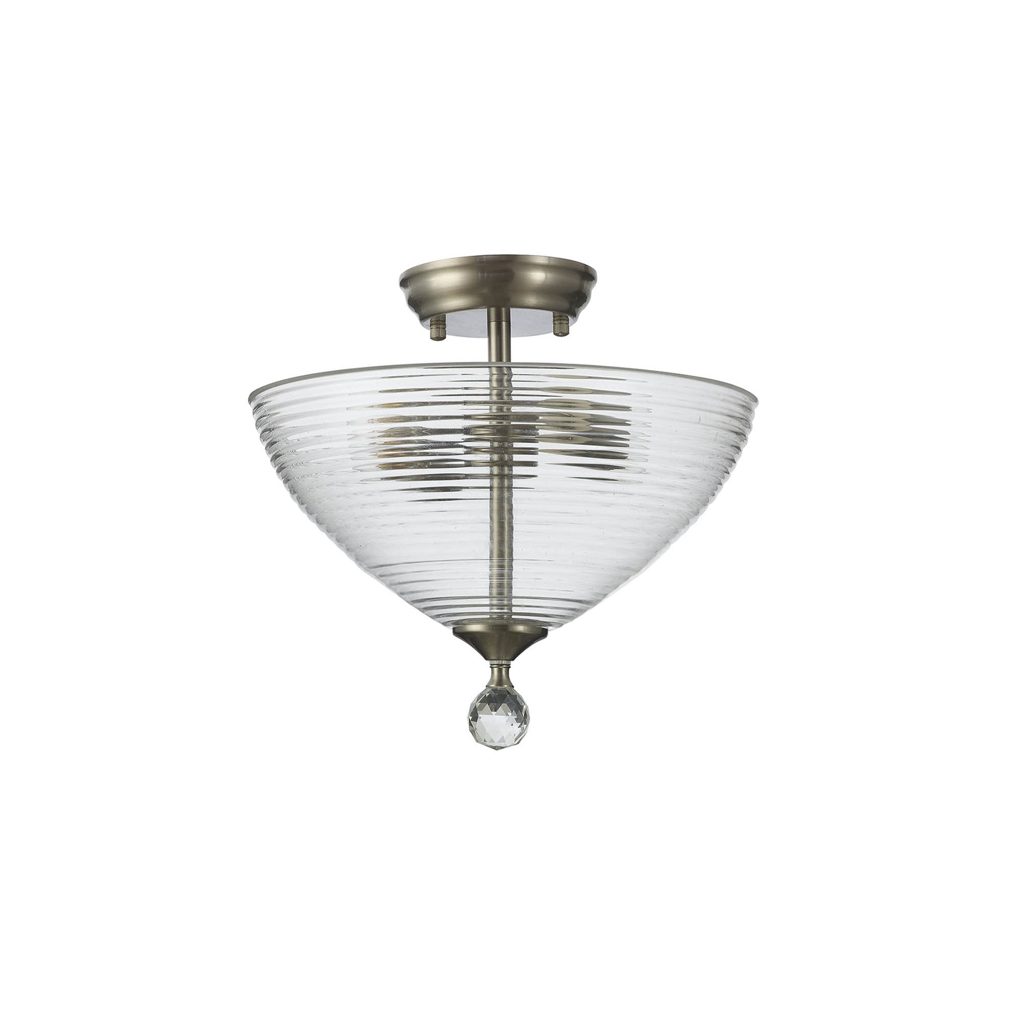 Fabula Mansfield 2 Light Semi-Flush Light - 33.5cm Round Prismatic Effect Glass Shade - Satin Nickel & Clear Glass