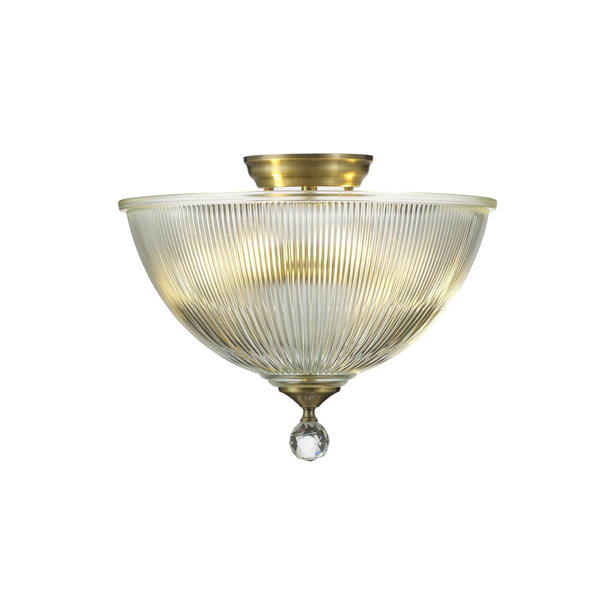 Fabula Mansfield 2 Light Semi-Flush Light - 38cm Dome Glass Shade - Antique Brass & Clear Glass