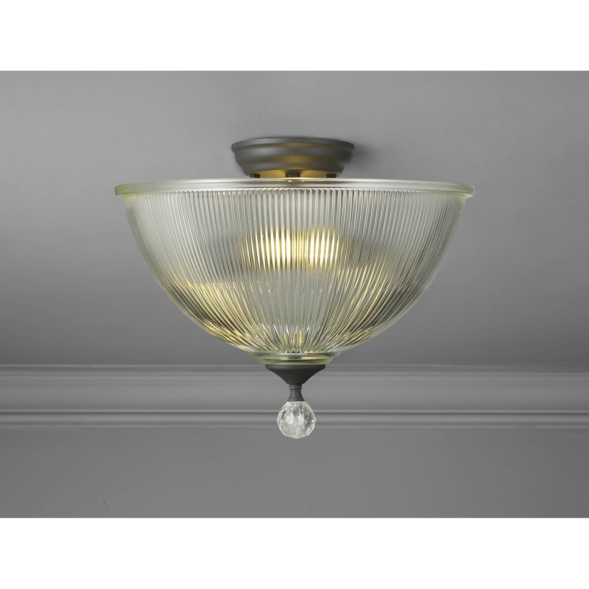 Fabula Mansfield 2 Light Semi-Flush Light - 38cm Dome Glass Shade - Graphite & Clear Glass