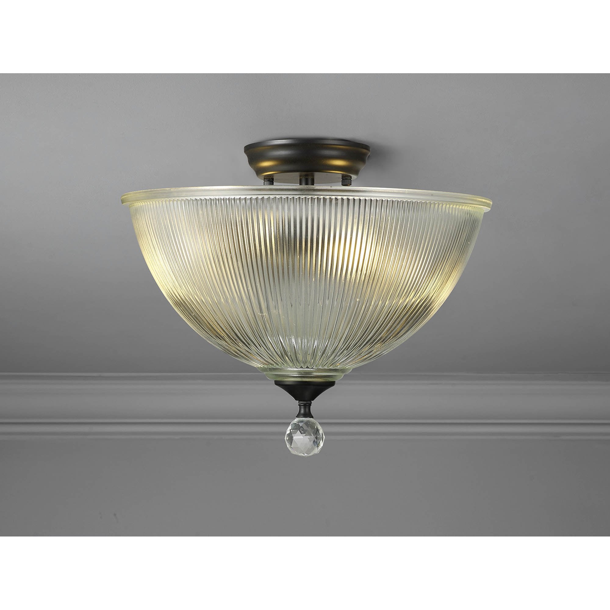 Fabula Mansfield 2 Light Semi-Flush Light - 38cm Dome Glass Shade - Matt Black & Clear Glass