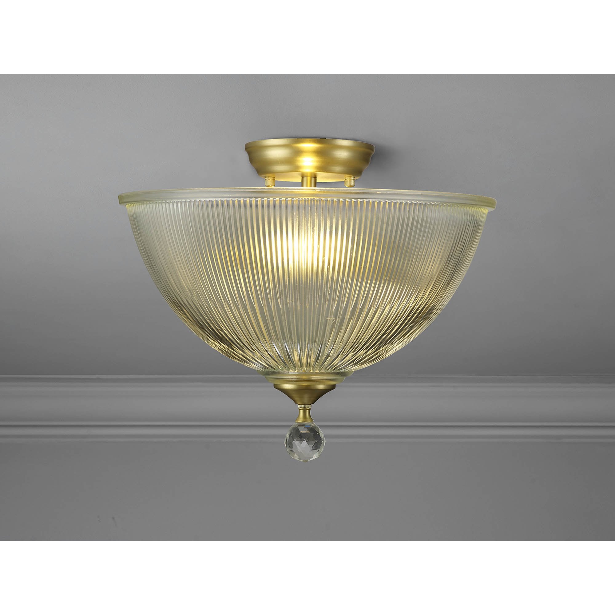 Fabula Mansfield 2 Light Semi-Flush Light - 38cm Dome Glass Shade - Satin Gold & Clear Glass