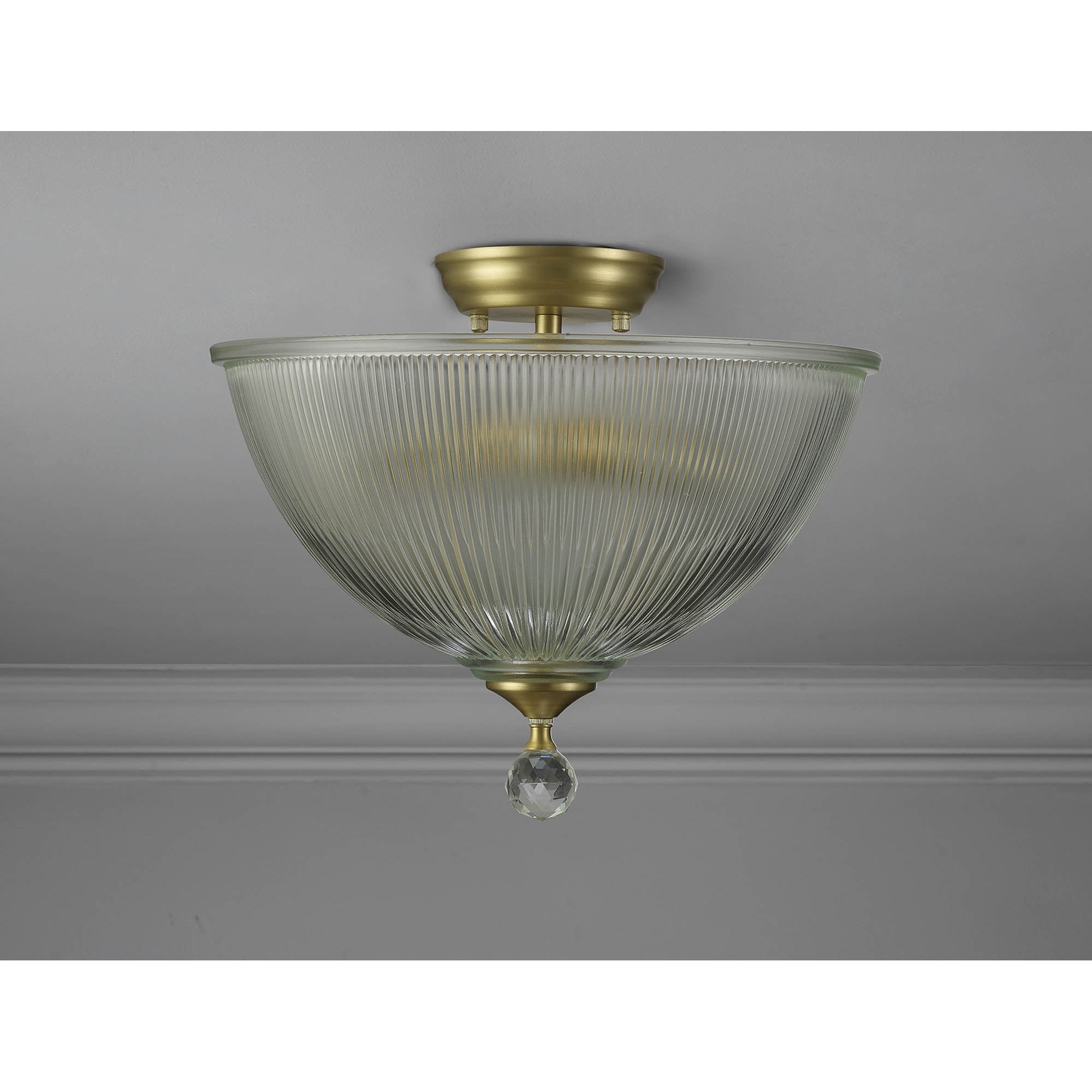 Fabula Mansfield 2 Light Semi-Flush Light - 38cm Dome Glass Shade - Satin Gold & Clear Glass