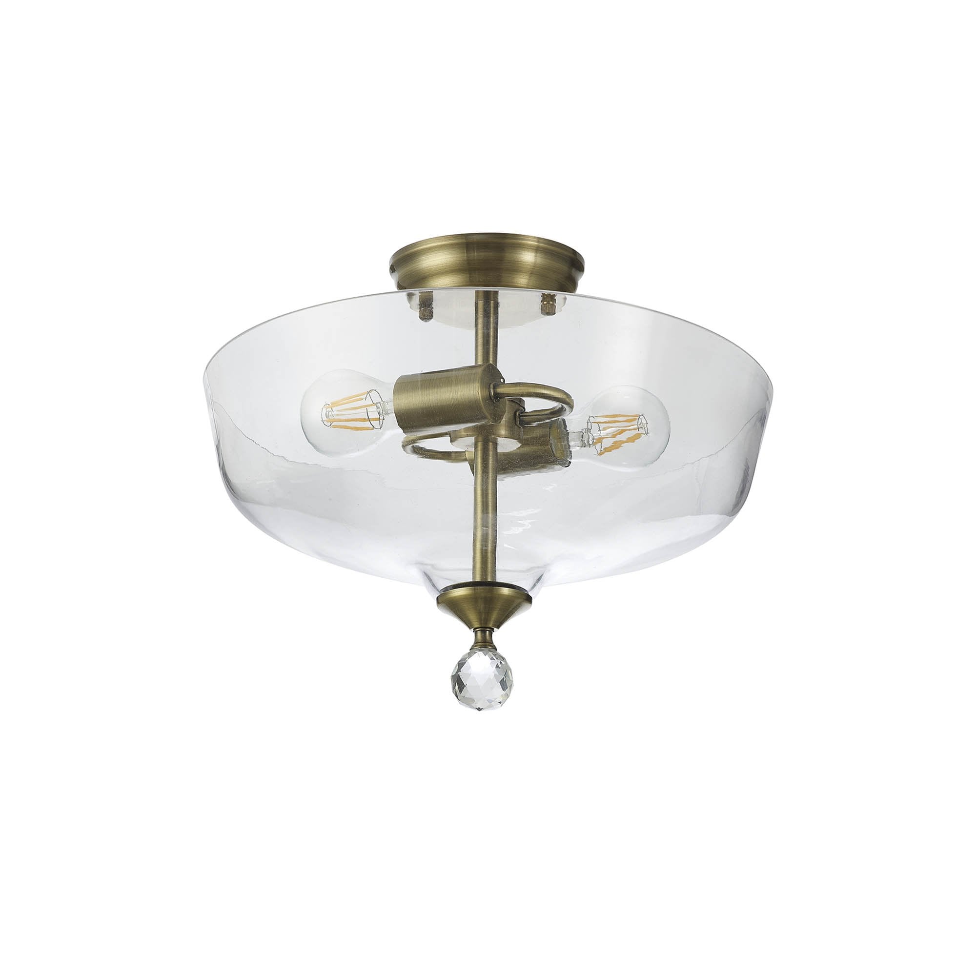 Fabula Mansfield 2 Light Semi-Flush Light - 38cm Flat Round Glass Shade - Antique Brass & Clear Glass