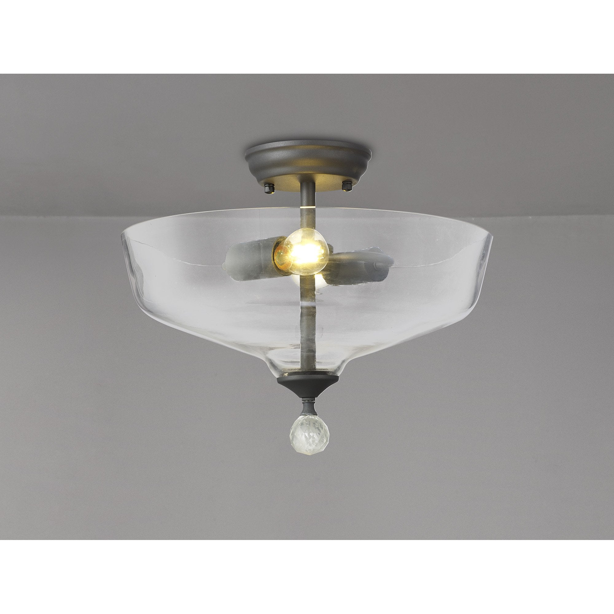 Fabula Mansfield 2 Light Semi-Flush Light - 38cm Flat Round Glass Shade - Graphite & Clear Glass