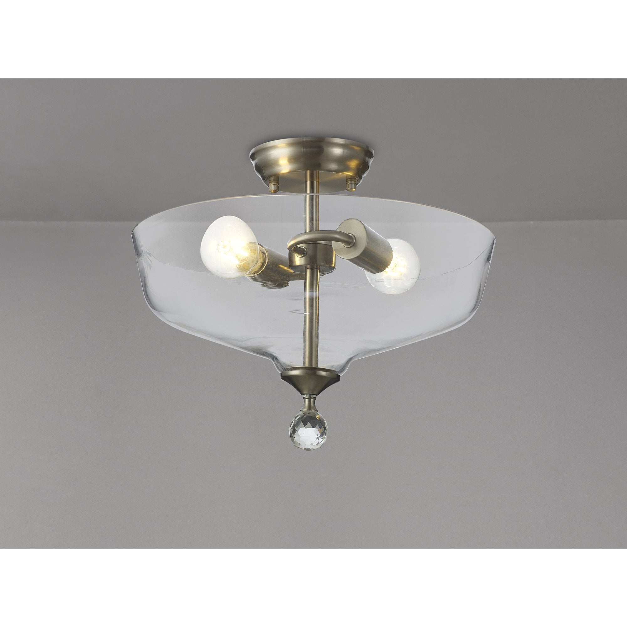 Fabula Mansfield 2 Light Semi-Flush Light - 38cm Flat Round Glass Shade - Satin Nickel & Clear Glass
