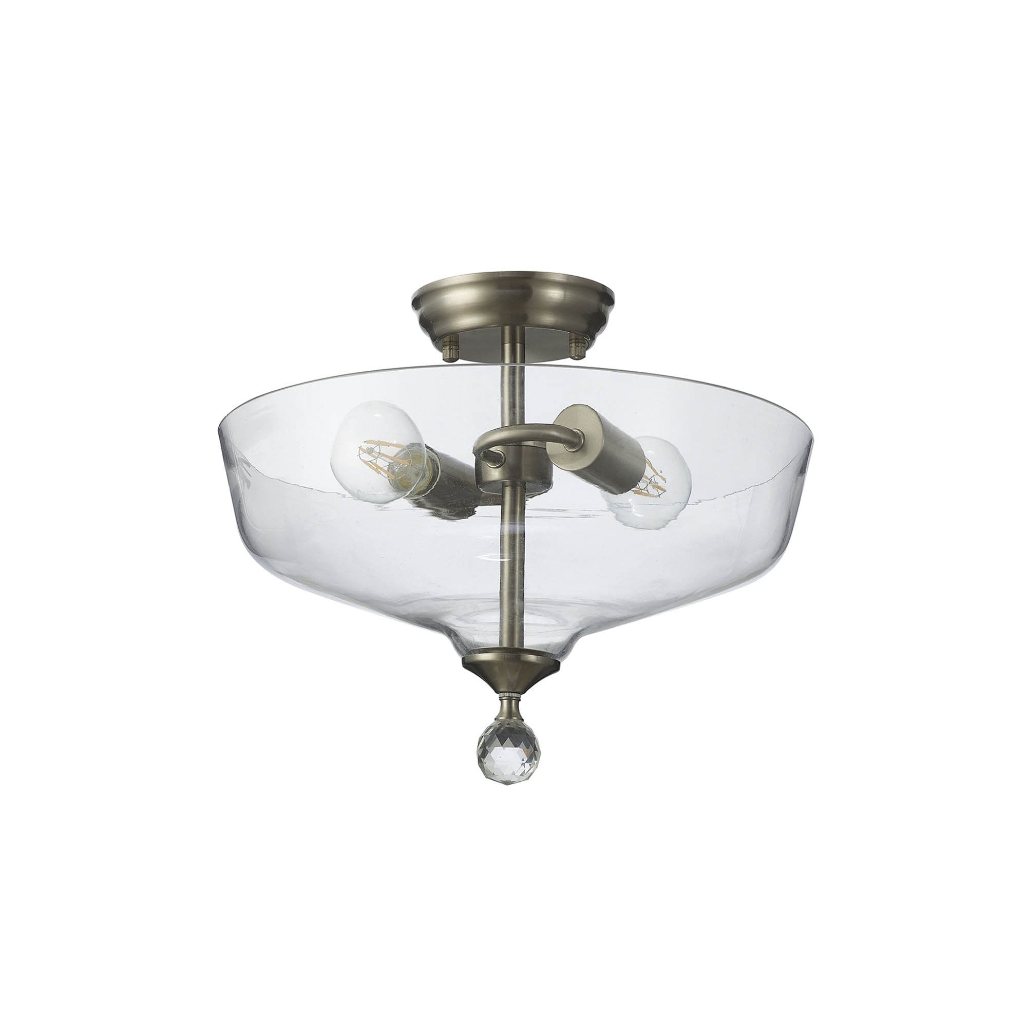 Fabula Mansfield 2 Light Semi-Flush Light - 38cm Flat Round Glass Shade - Satin Nickel & Clear Glass