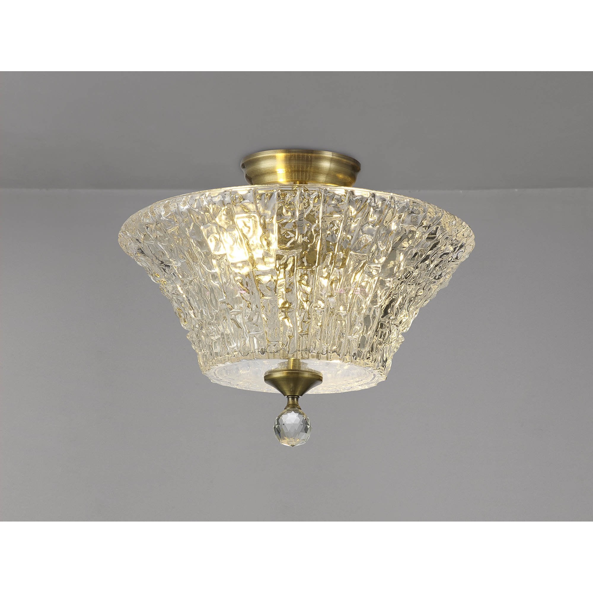 Fabula Mansfield 2 Light Semi-Flush Light - 38cm Round Patterned Glass Shade - Antique Brass & Clear Glass