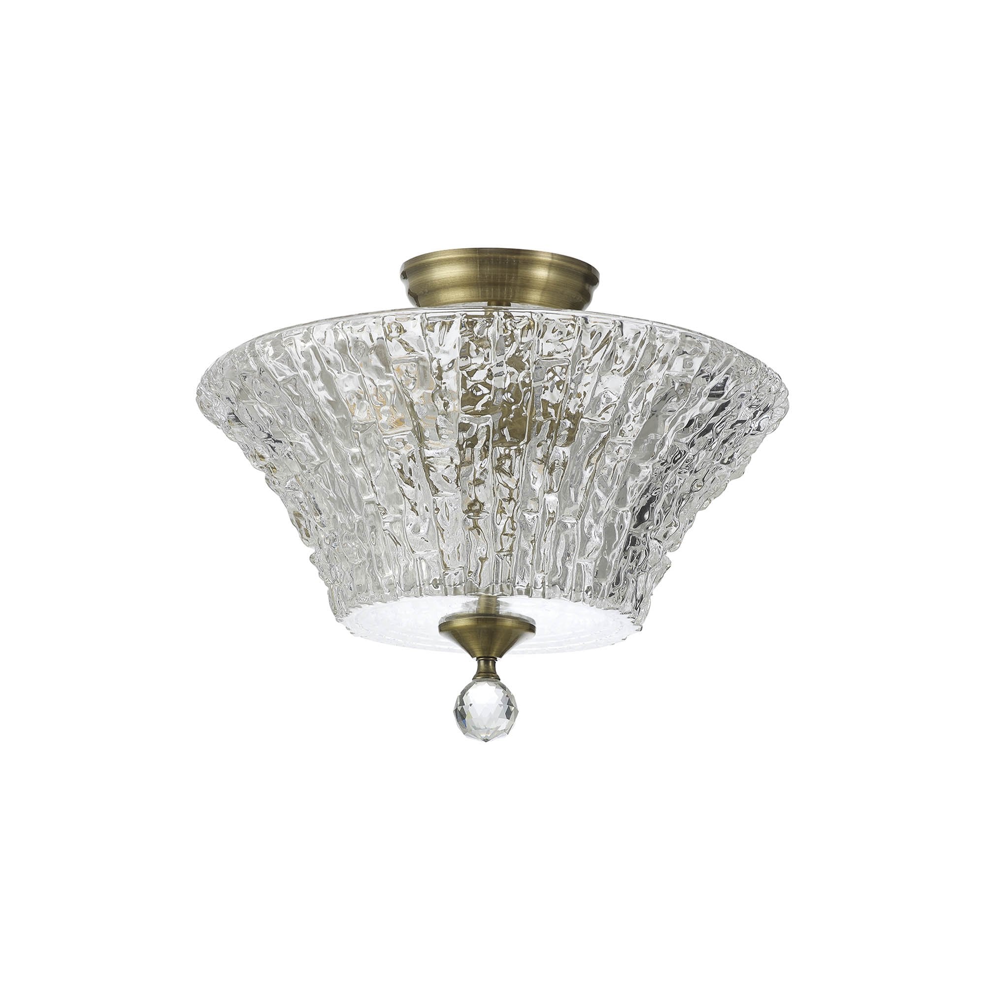 Fabula Mansfield 2 Light Semi-Flush Light - 38cm Round Patterned Glass Shade - Antique Brass & Clear Glass