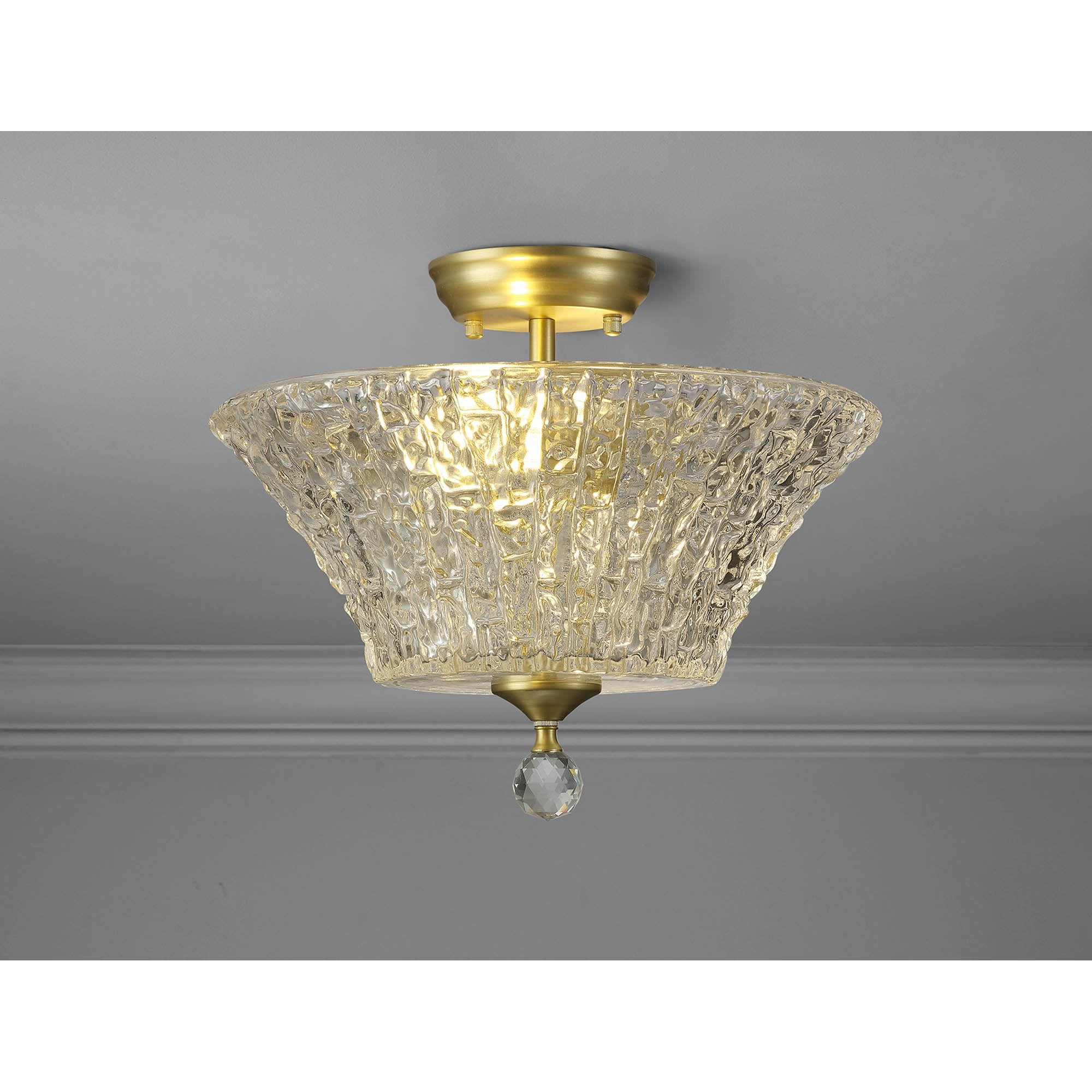 Fabula Mansfield 2 Light Semi-Flush Light - 38cm Round Patterned Glass Shade - Satin Gold & Clear Glass