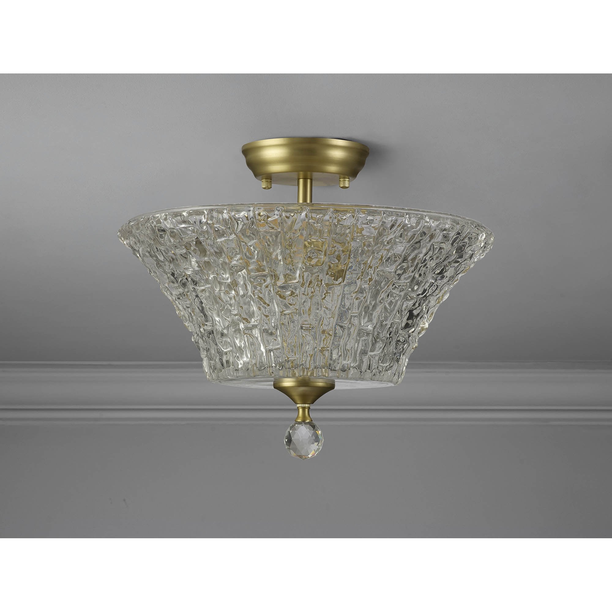 Fabula Mansfield 2 Light Semi-Flush Light - 38cm Round Patterned Glass Shade - Satin Gold & Clear Glass