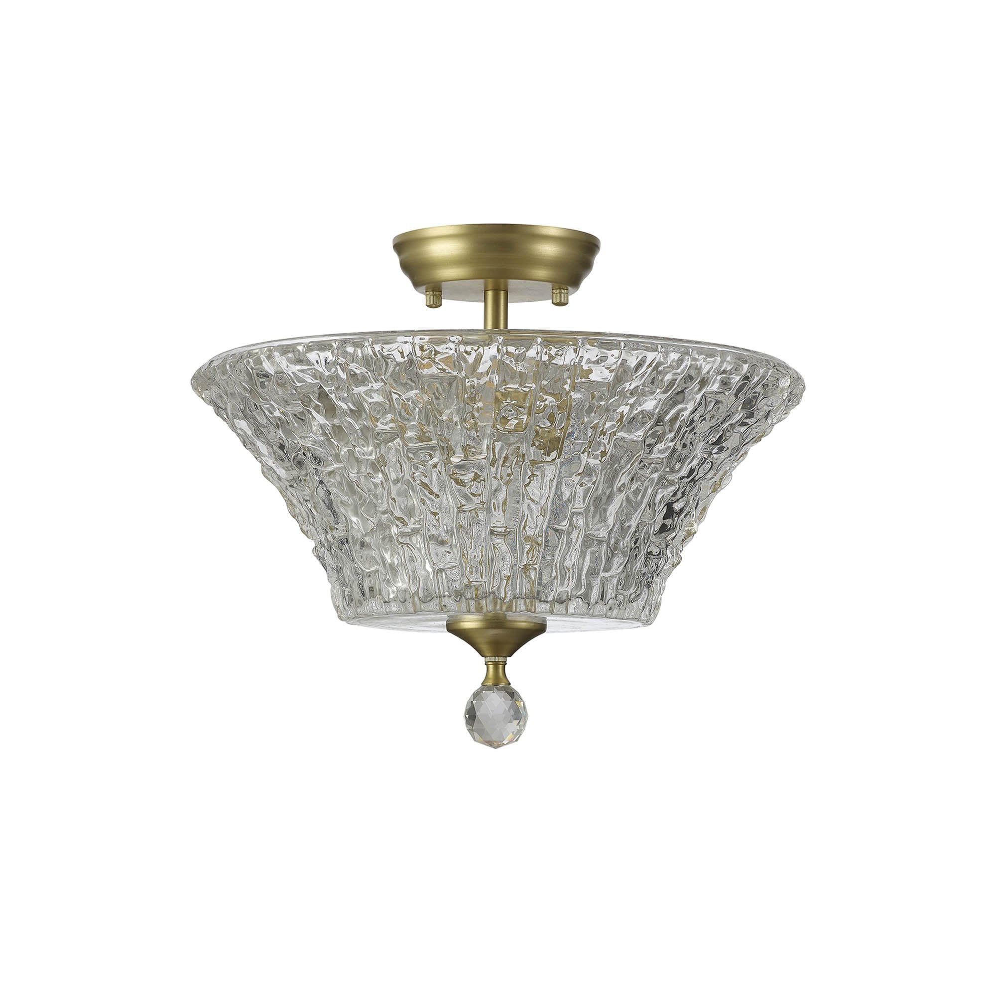 Fabula Mansfield 2 Light Semi-Flush Light - 38cm Round Patterned Glass Shade - Satin Gold & Clear Glass