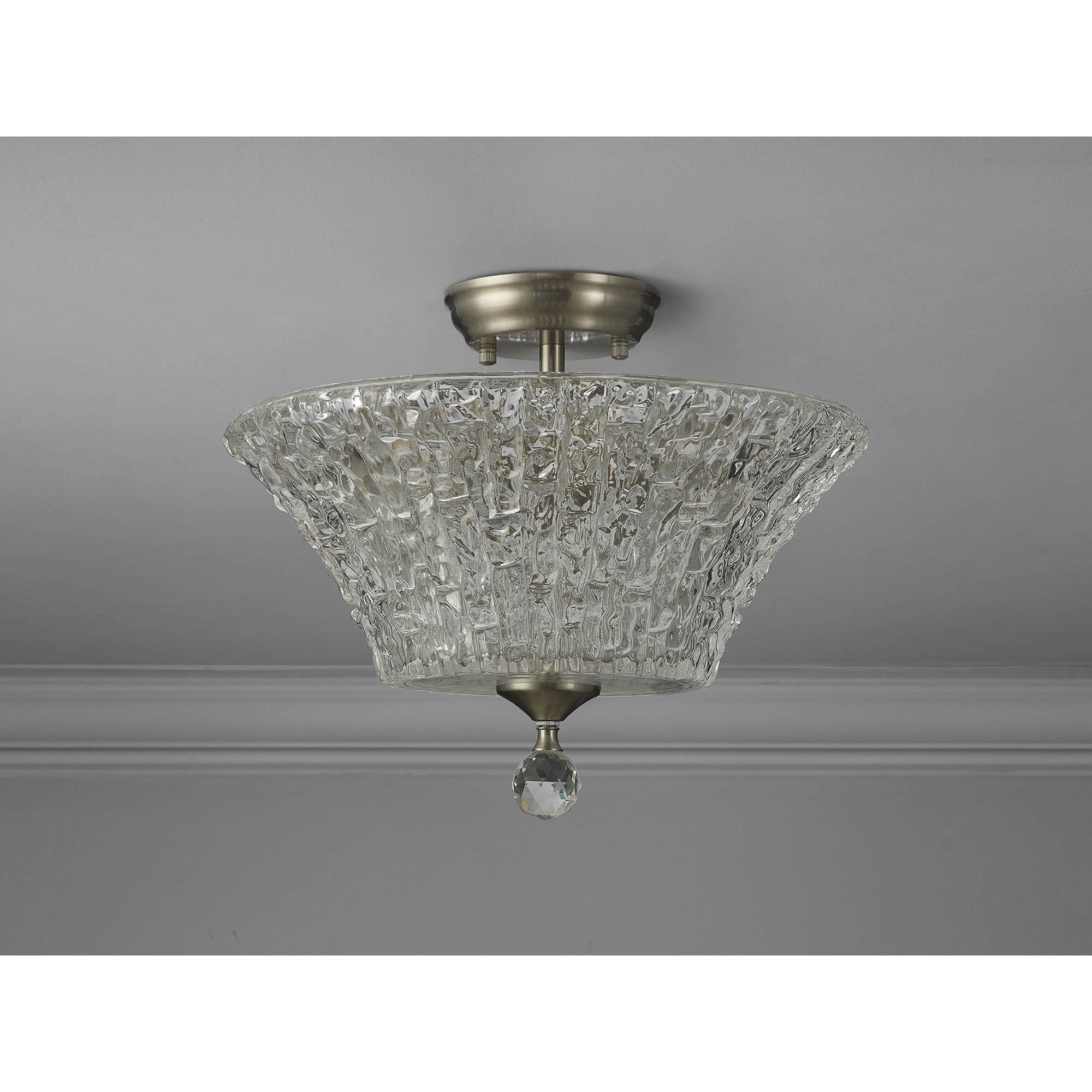 Fabula Mansfield 2 Light Semi-Flush Light - 38cm Round Patterned Glass Shade - Satin Nickel & Clear Glass