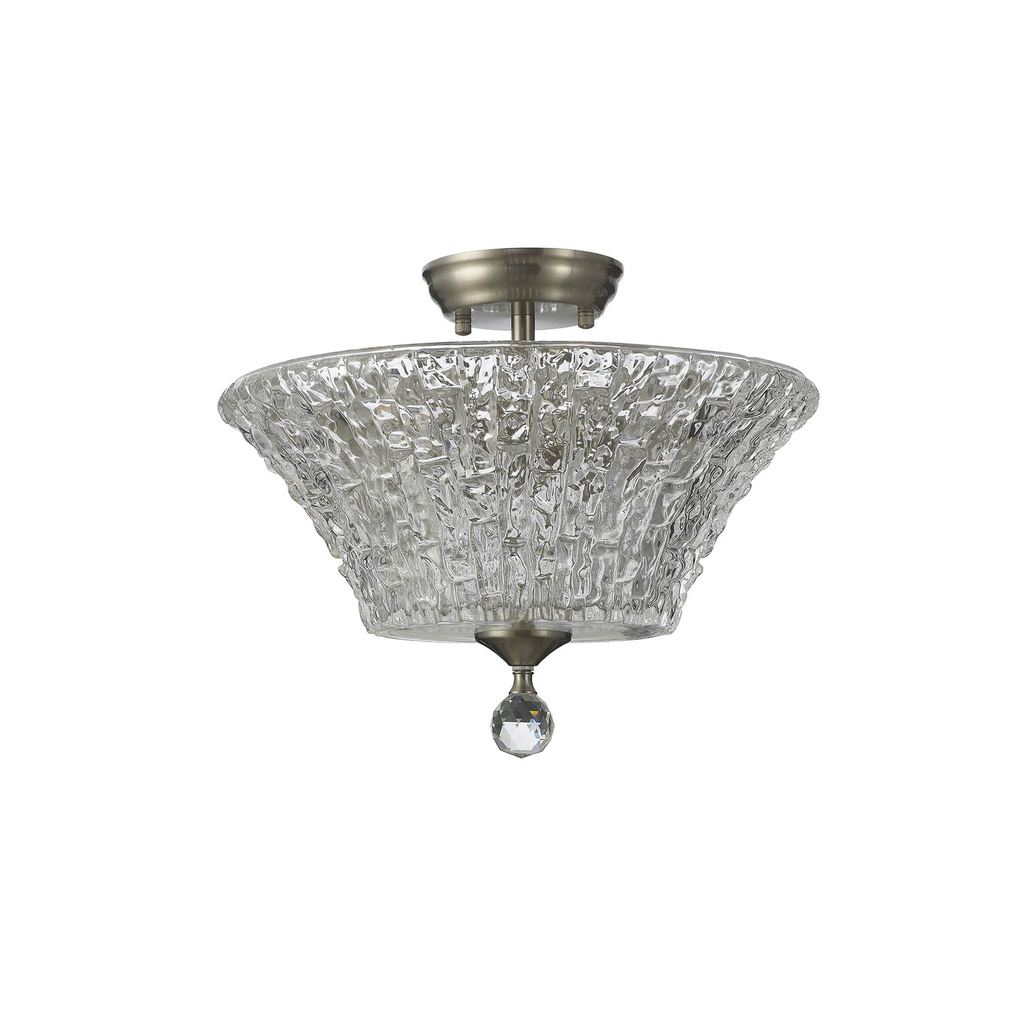 Fabula Mansfield 2 Light Semi-Flush Light - 38cm Round Patterned Glass Shade - Satin Nickel & Clear Glass