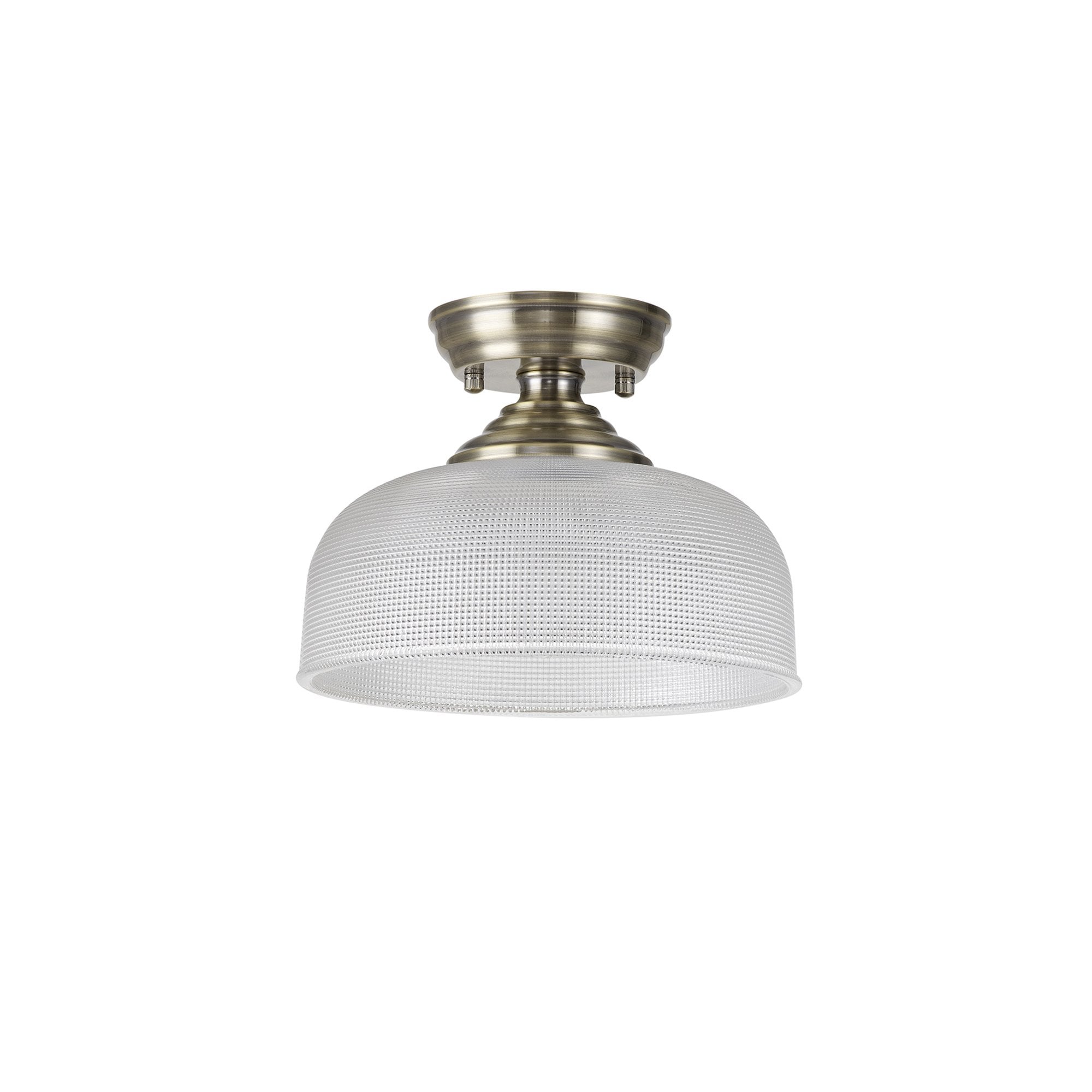 Fabula Mansfield Single Flush Light - 26.5cm Round Prismatic Effect Glass Shade - Antique Brass & Clear Glass