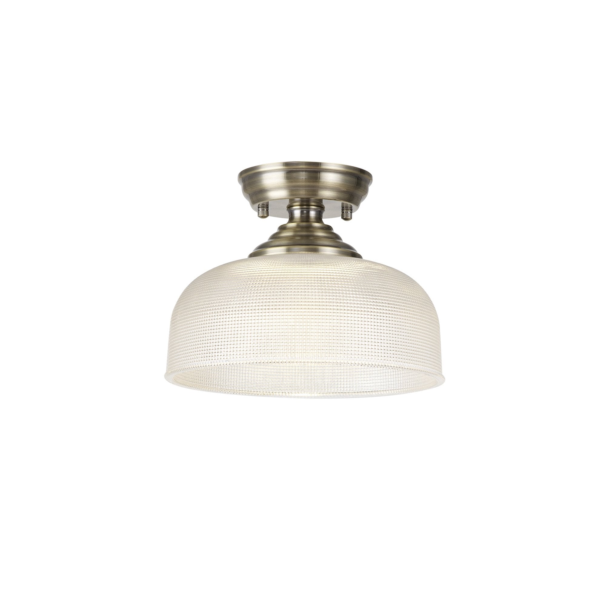 Fabula Mansfield Single Flush Light - 26.5cm Round Prismatic Effect Glass Shade - Antique Brass & Clear Glass
