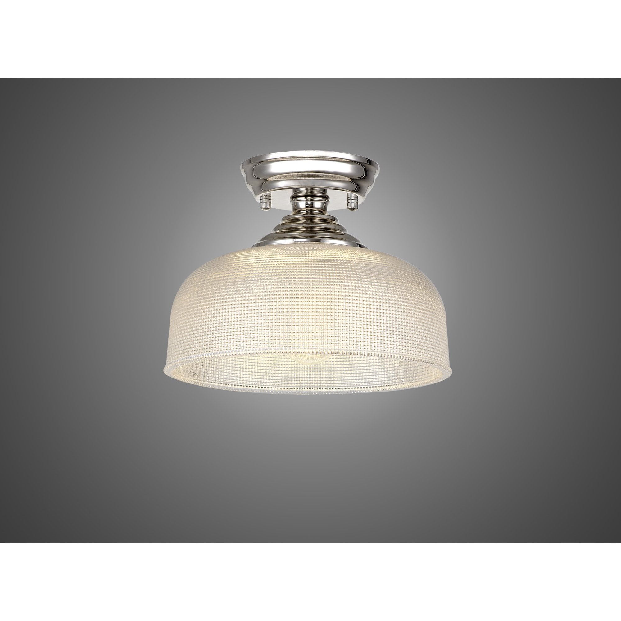 Fabula Mansfield Single Flush Light - 26.5cm Round Prismatic Effect Glass Shade - Polished Nickel & Clear Glass