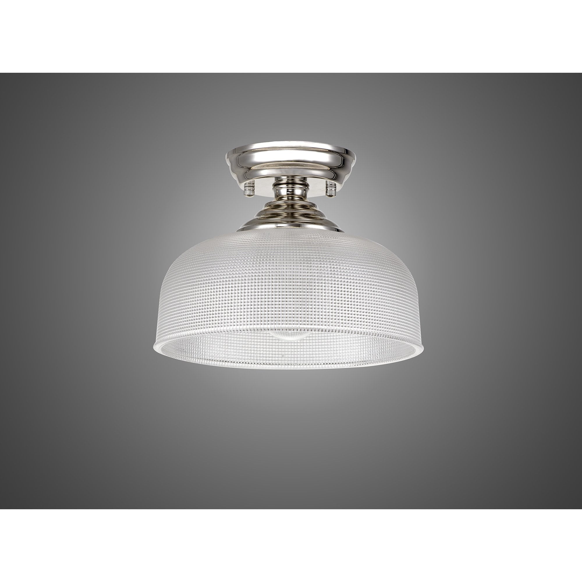 Fabula Mansfield Single Flush Light - 26.5cm Round Prismatic Effect Glass Shade - Polished Nickel & Clear Glass